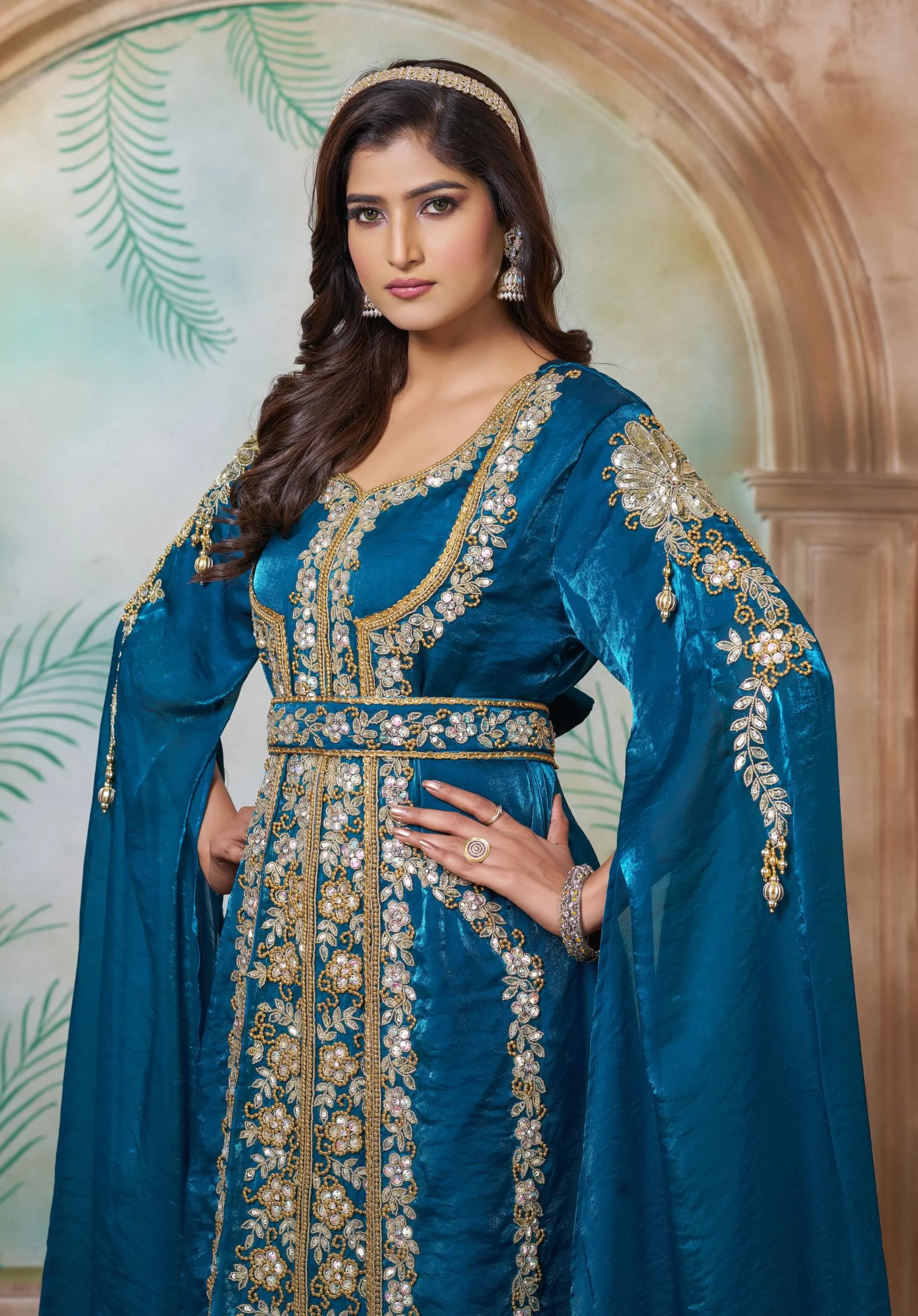 Bottle Green Crush Satin Moroccan Kaftan Gown, Heavy Hand Beaded  Wedding Party Kaftan Dress - image 4