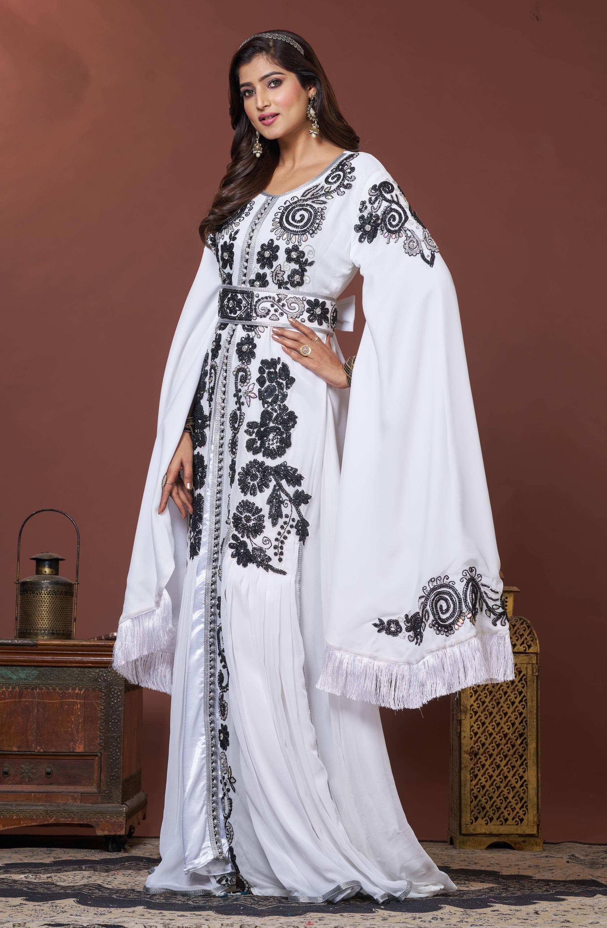 White and Black Islamic Designer Moroccan Takchita Kaftan, Arabic Maxi Kaftan For Women - image 3
