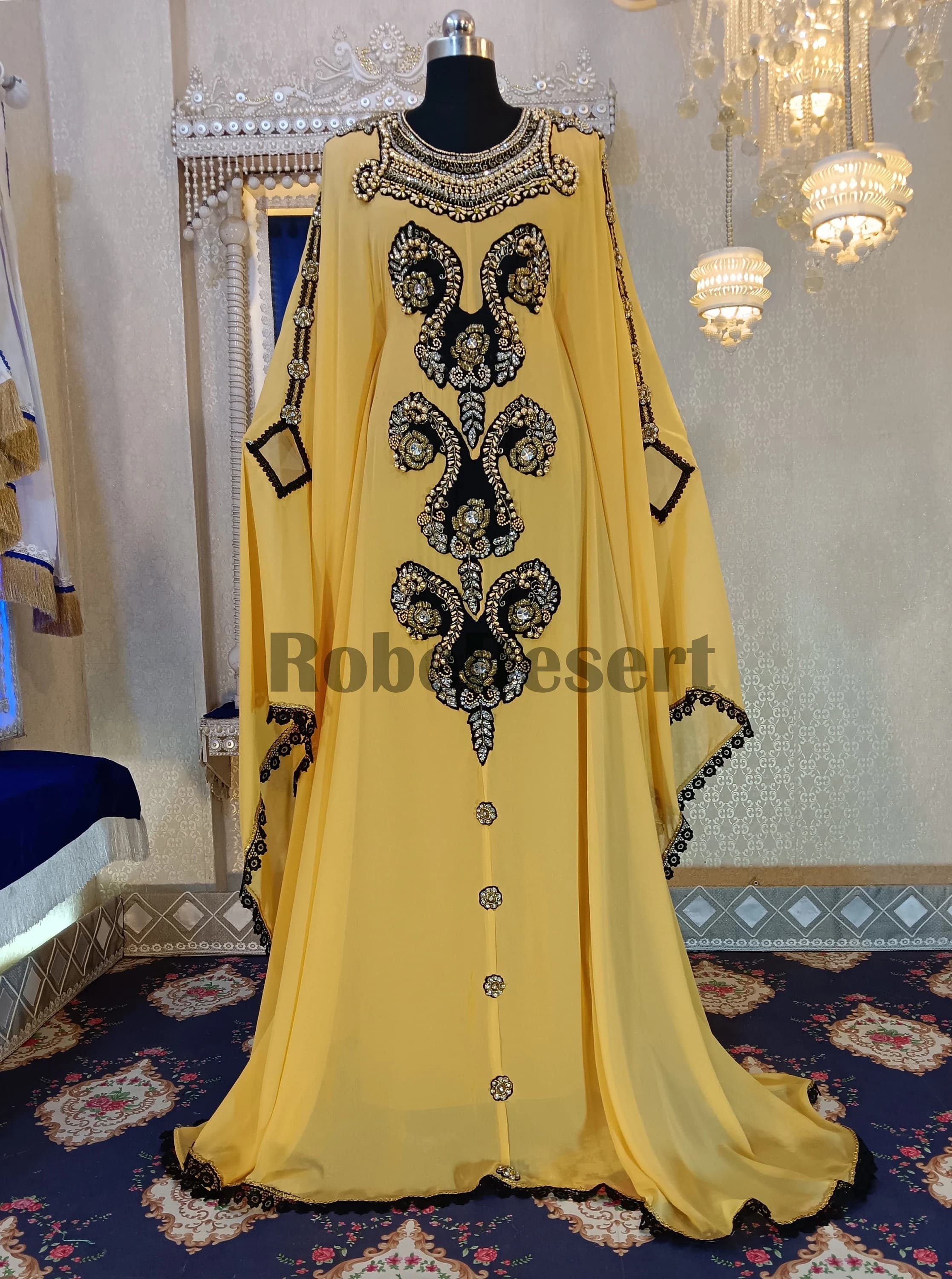 Golden Yellow Hand Beaded Kaftan: Arabic Maxi Gown