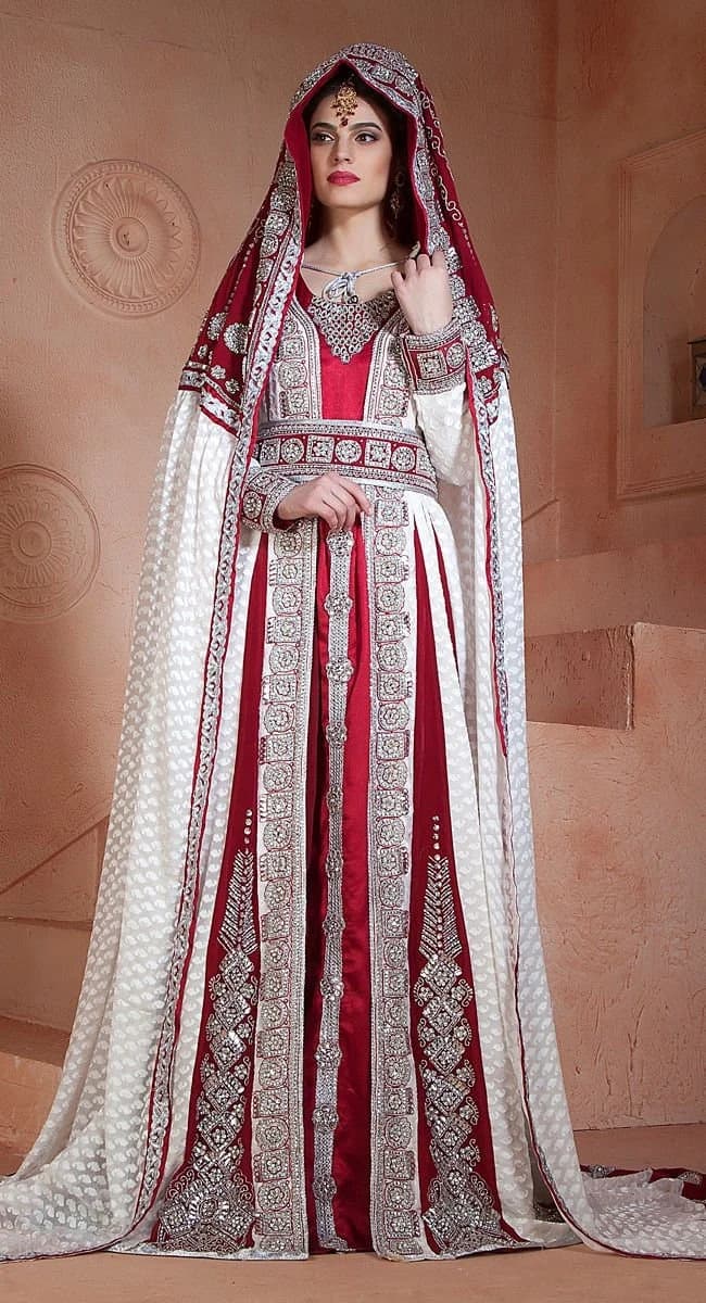 Handmade Embroidered Moroccan Takchita: Maroon & Off White Wedding Kaftan with Hijab