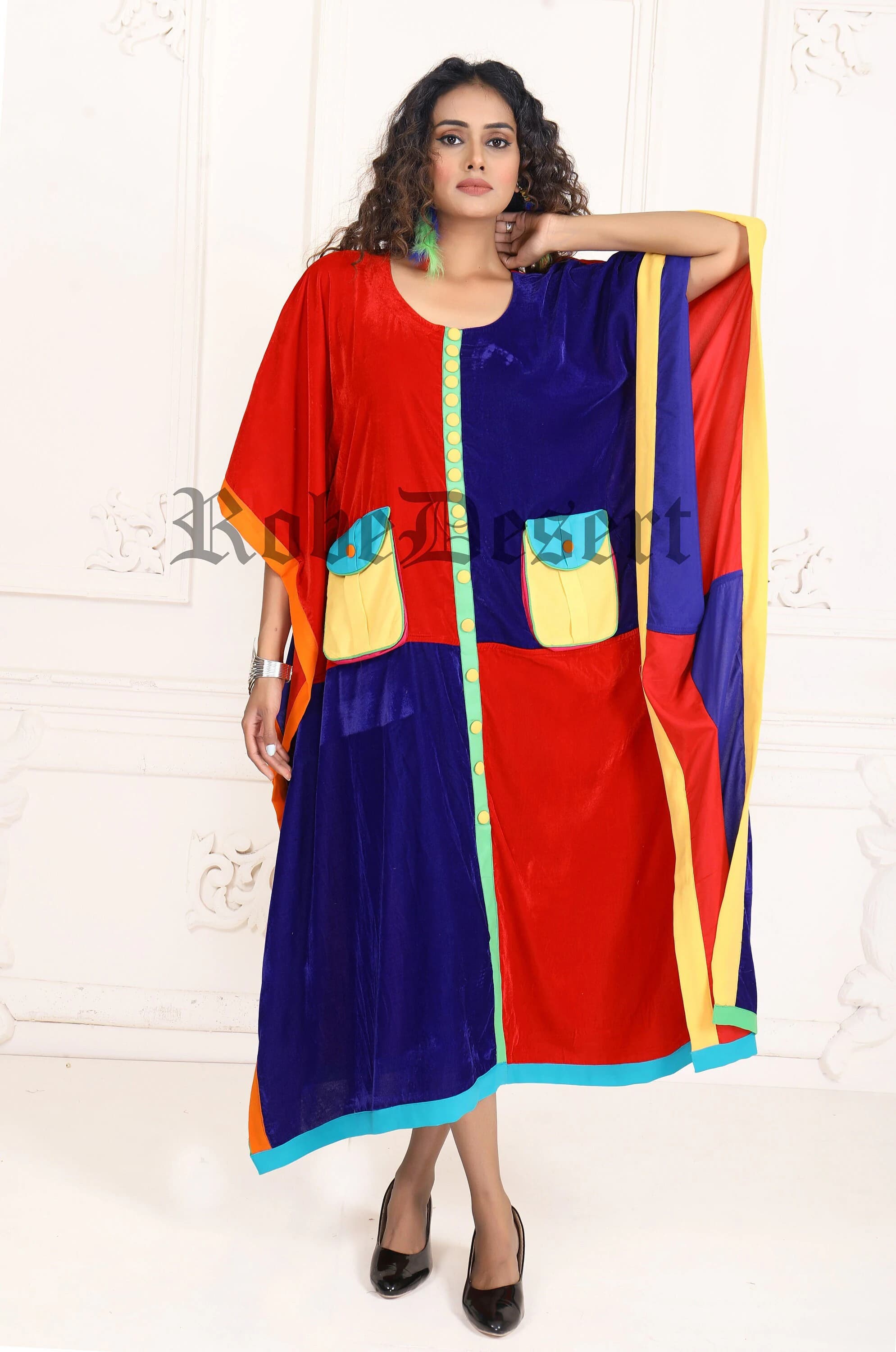 Red and Blue Designer Kaftan: Free Size Beach Cover-Up