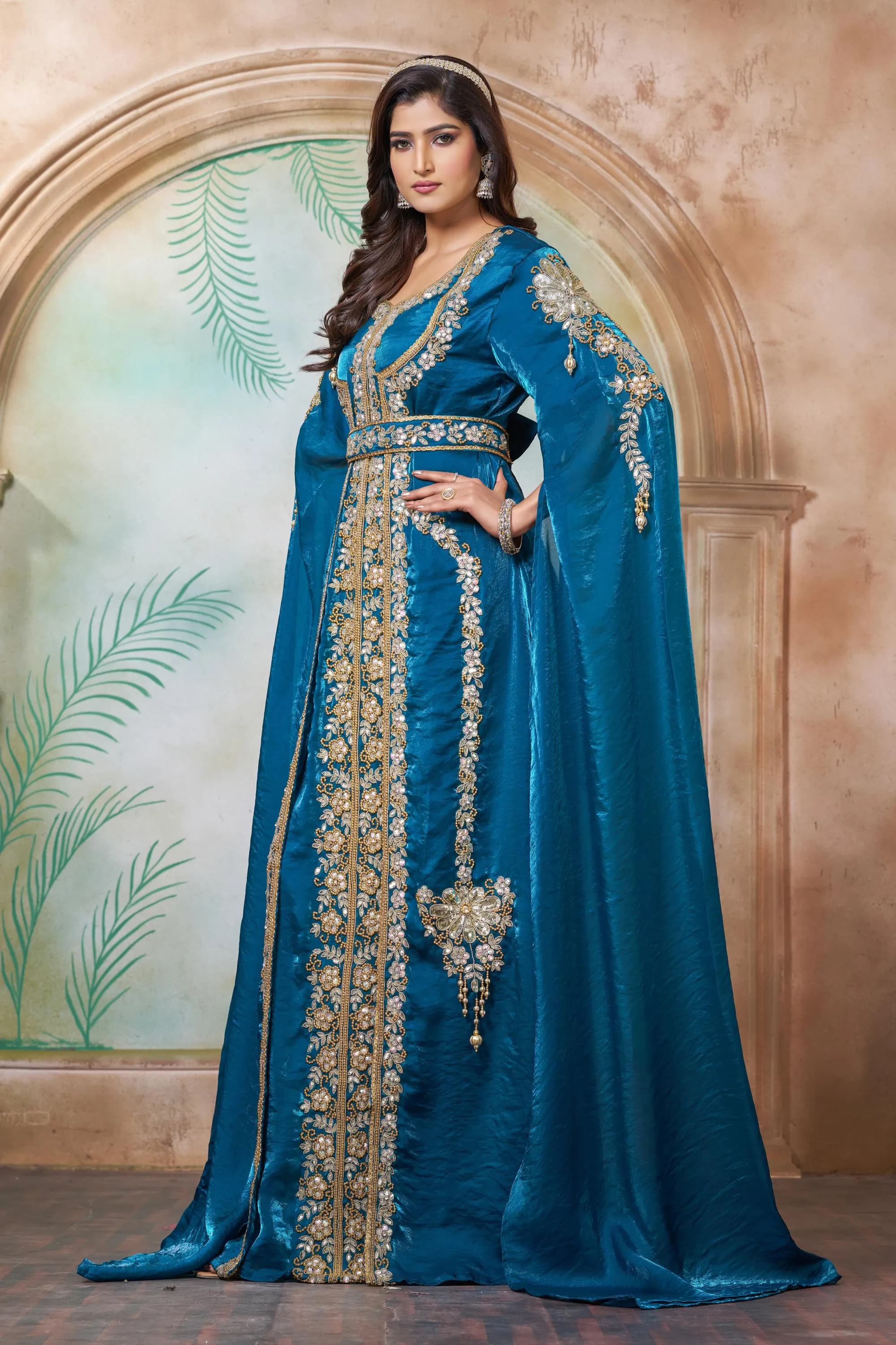 Bottle Green Crush Satin Moroccan Kaftan Gown, Heavy Hand Beaded  Wedding Party Kaftan Dress - image 3