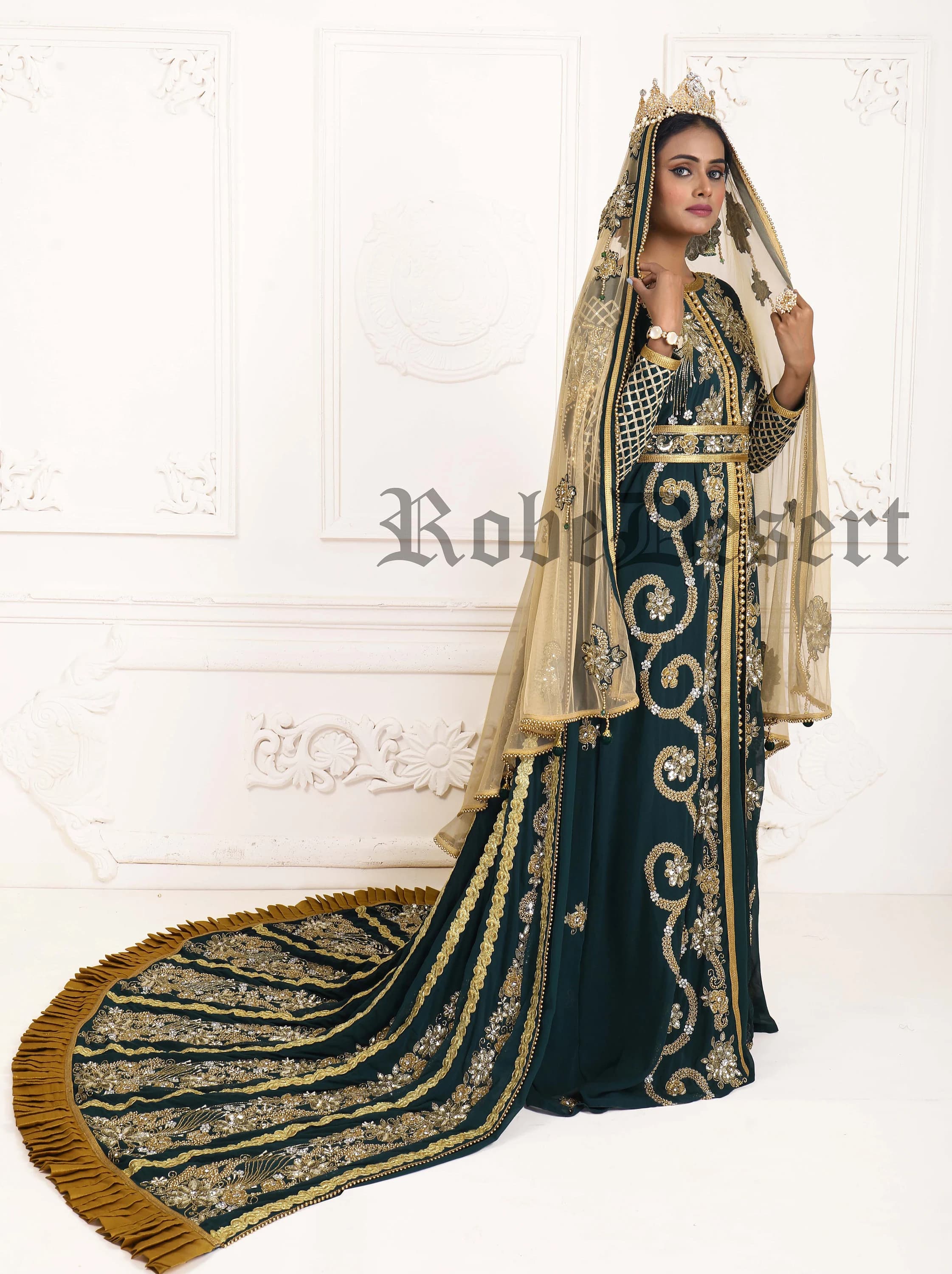 Hand Beaded Moroccan Kaftan: Bottle Green Wedding Takchita - image 3