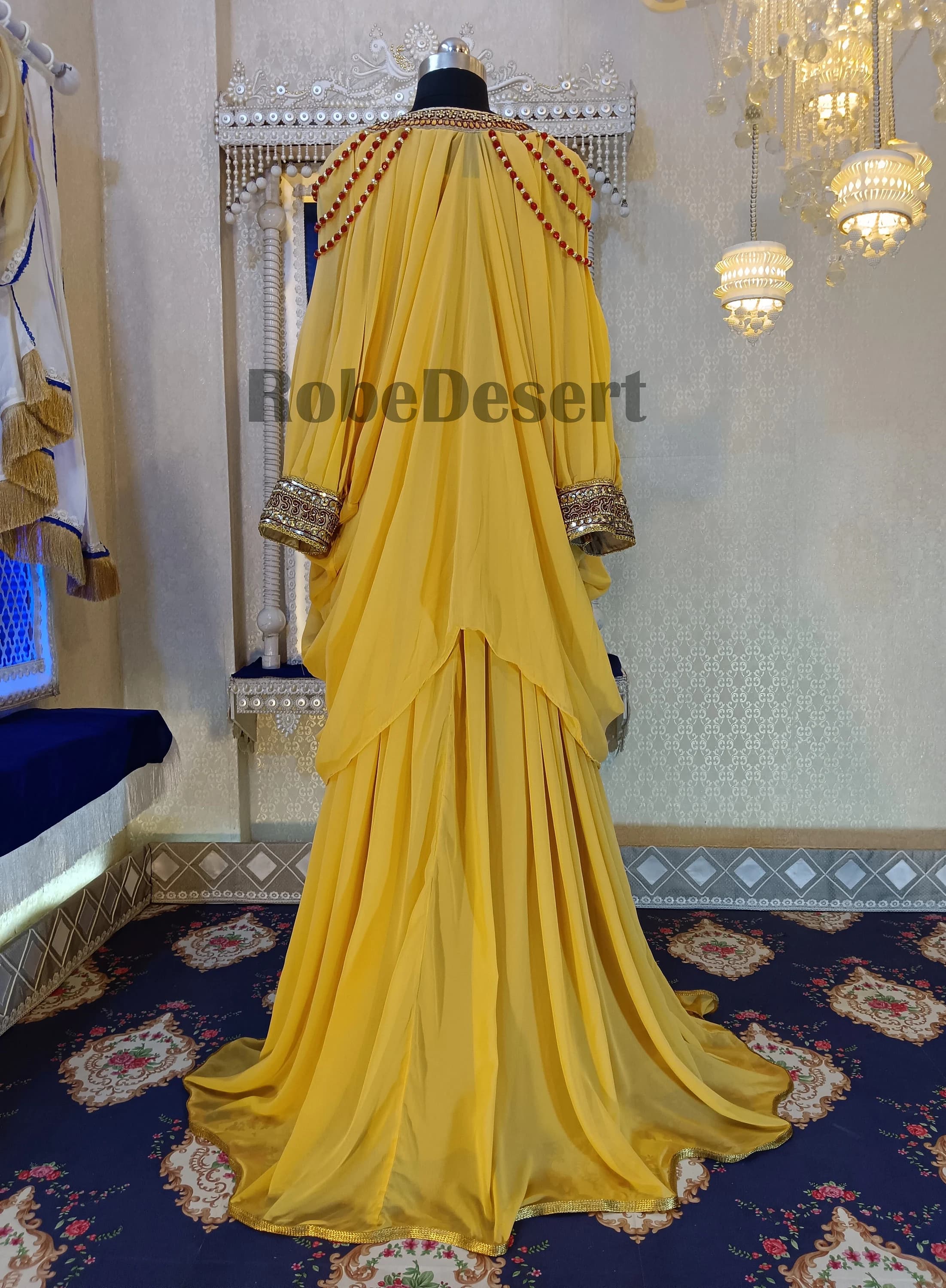Golden Yellow Moroccan Caftan: Dubai Farasha Maxi Gown - image 4
