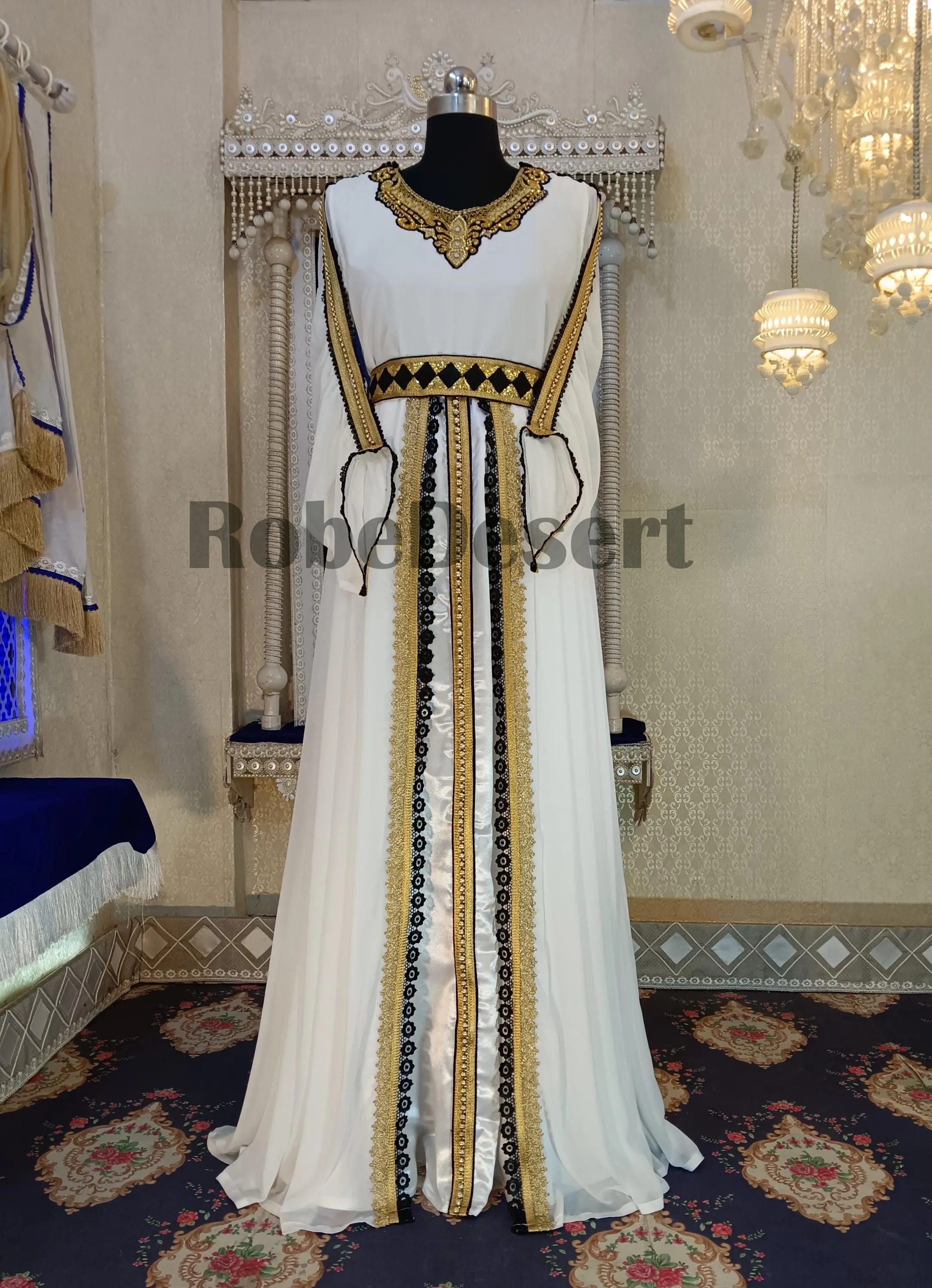 Embroidered Moroccan Kaftan: White Designer Maxi Takchita with Hijab - image 3