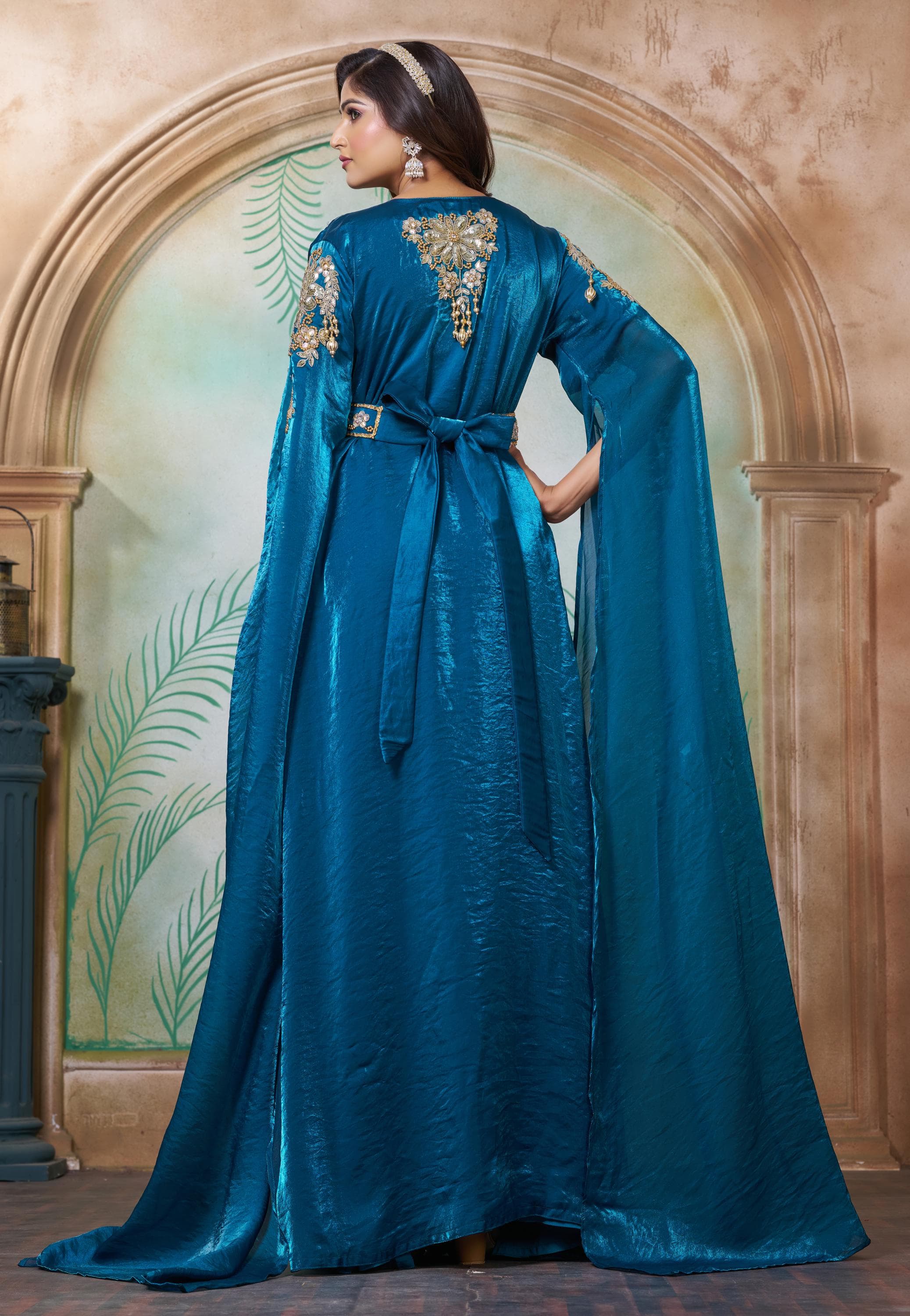 Bottle Green Crush Satin Moroccan Kaftan Gown, Heavy Hand Beaded  Wedding Party Kaftan Dress - image 5