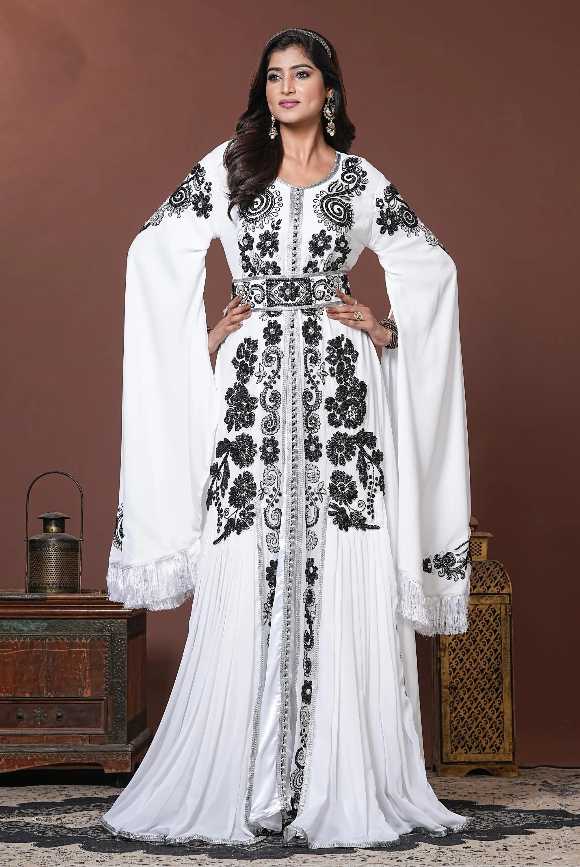 White and Black Islamic Designer Moroccan Takchita Kaftan, Arabic Maxi Kaftan For Women