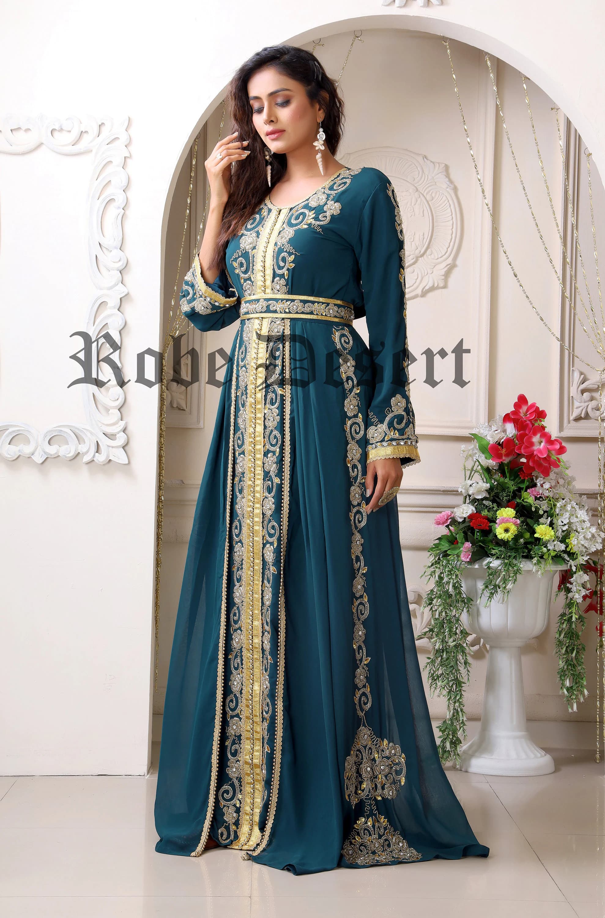 Bottle Green Hand Beaded Kaftan: Arabic Maxi Dress with Embroidery Hijab - image 4