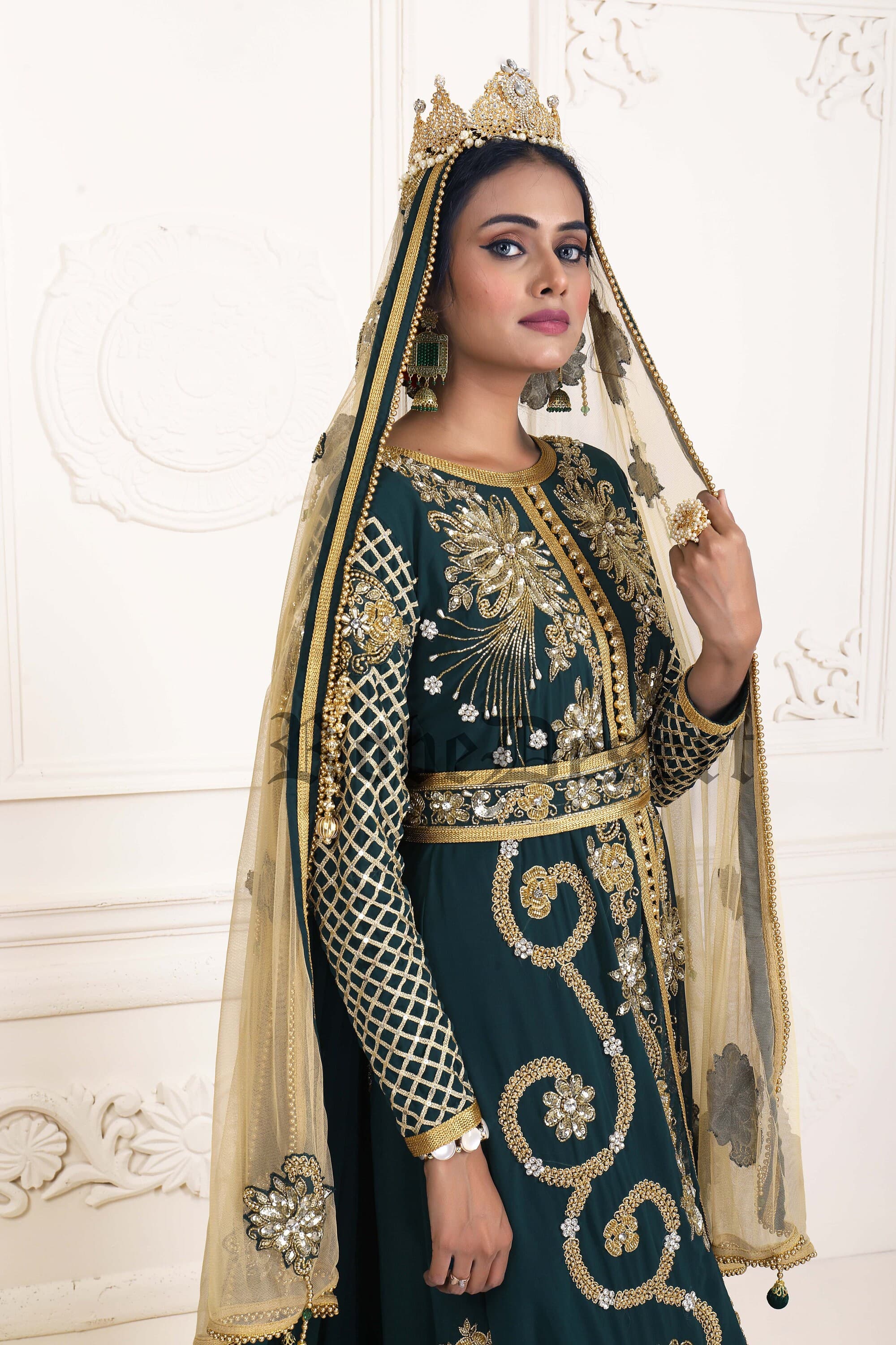 Hand Beaded Moroccan Kaftan: Bottle Green Wedding Takchita - image 4