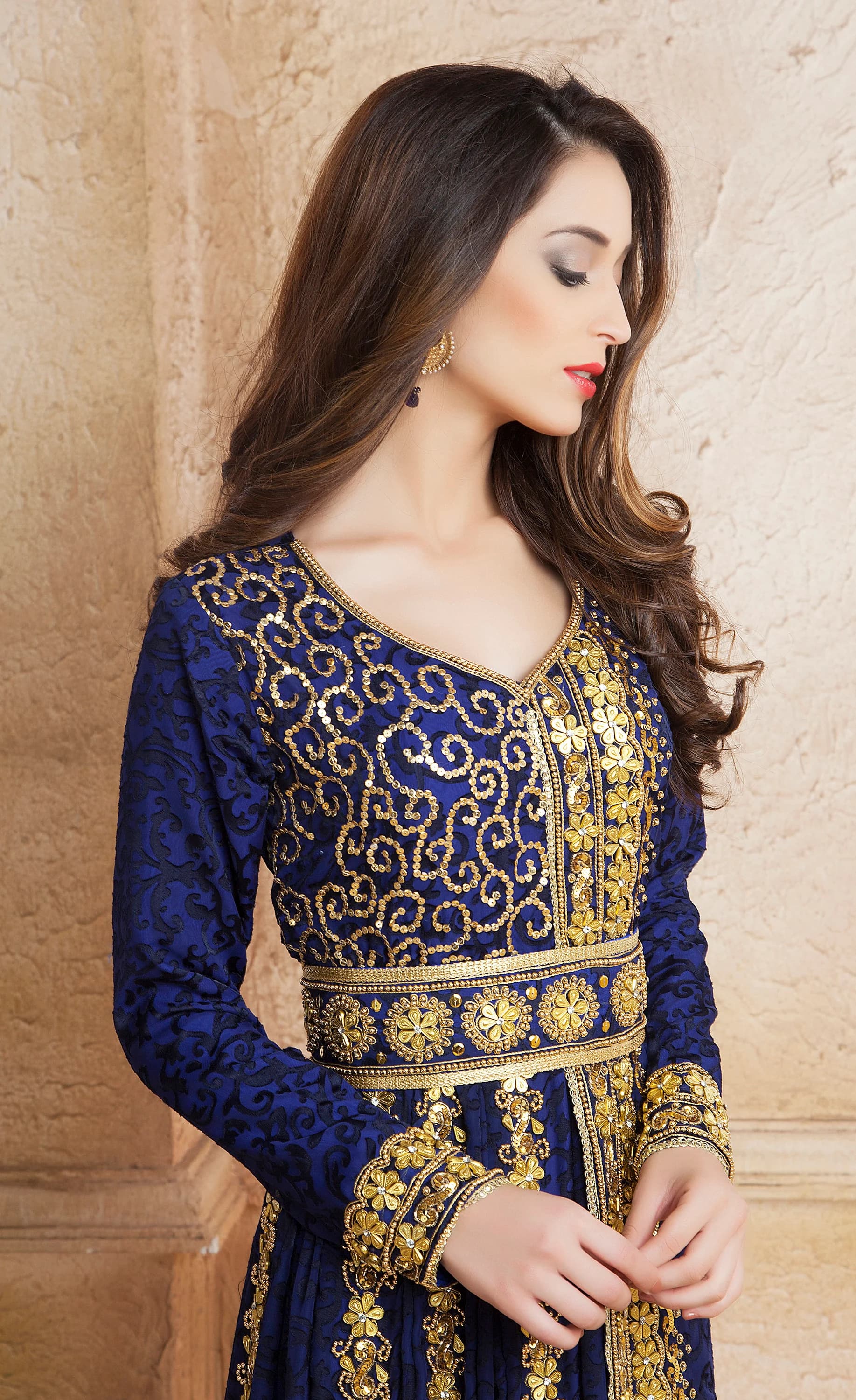 Dark Blue Color Designer Takchita Moroccan Kaftan With Embroidery Hijab - image 4