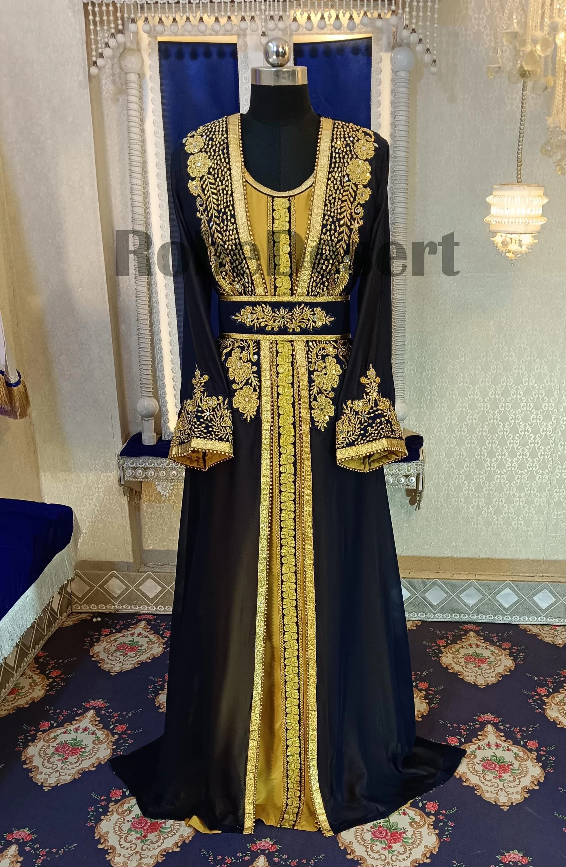 Dark Blue Embroidered Moroccan Takchita: Dubai Kaftan Dress