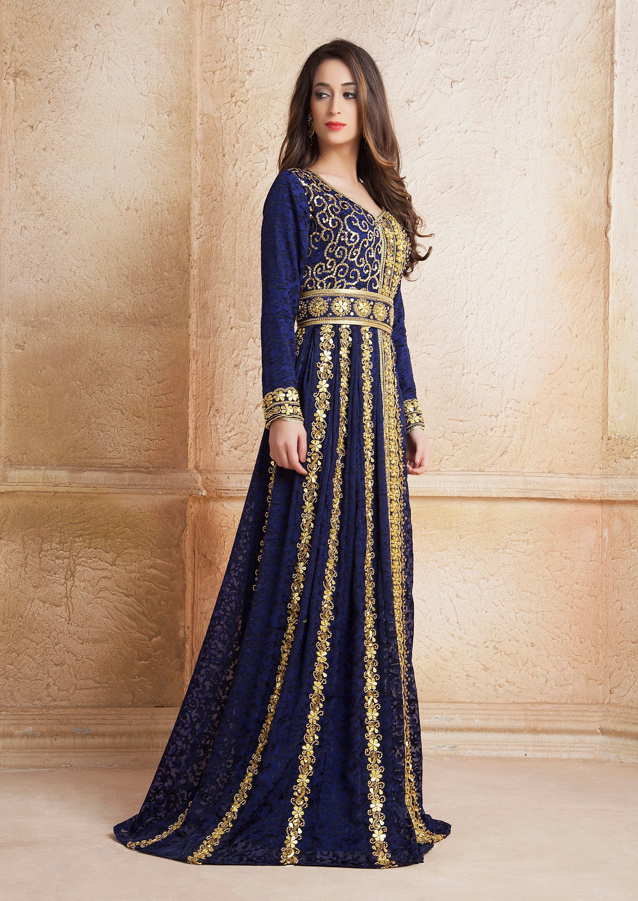 Dark Blue Color Designer Takchita Moroccan Kaftan With Embroidery Hijab - image 3