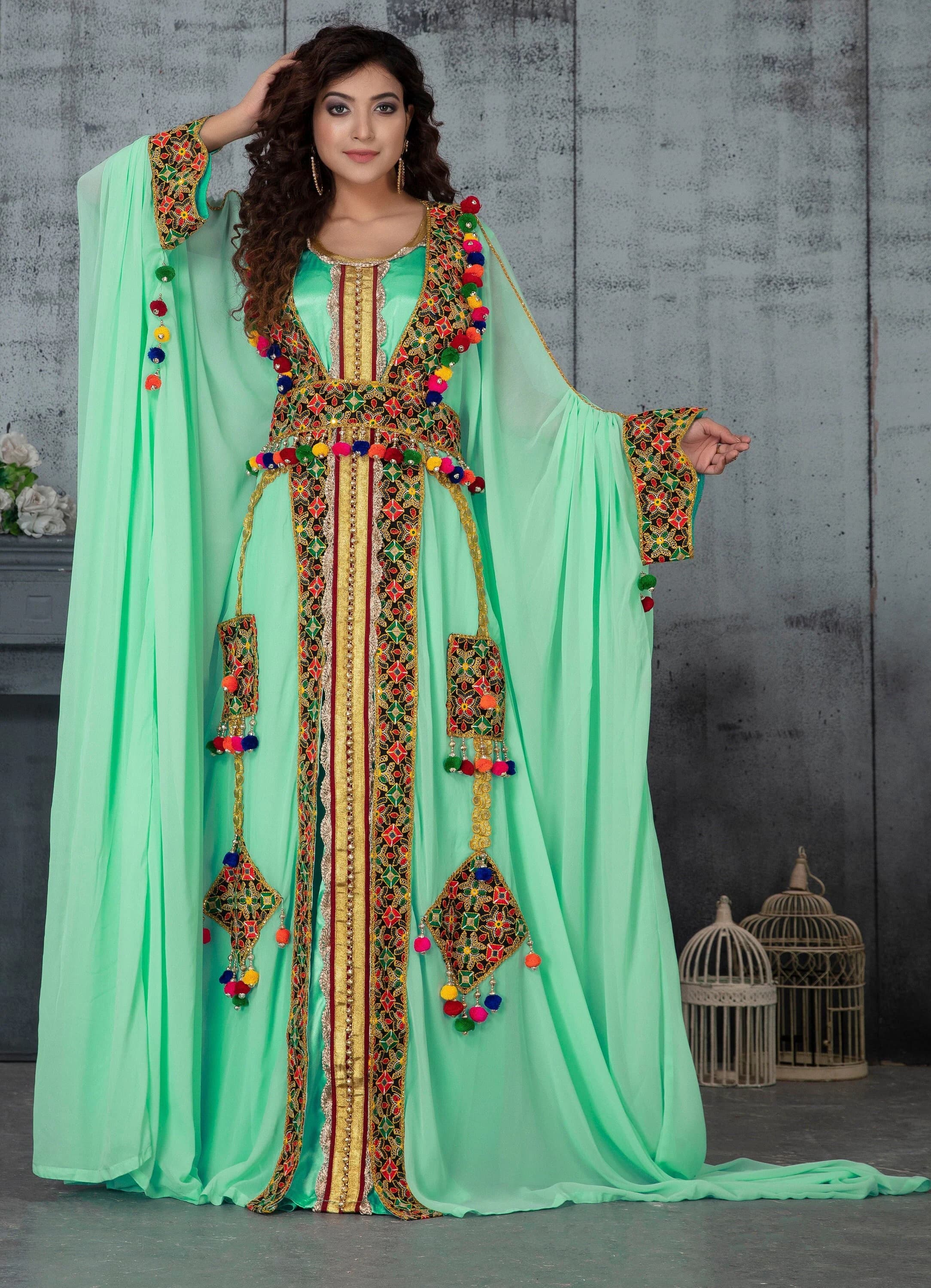 Mint Green Embroidered Kaftan: Arabic Party Takchita Dress