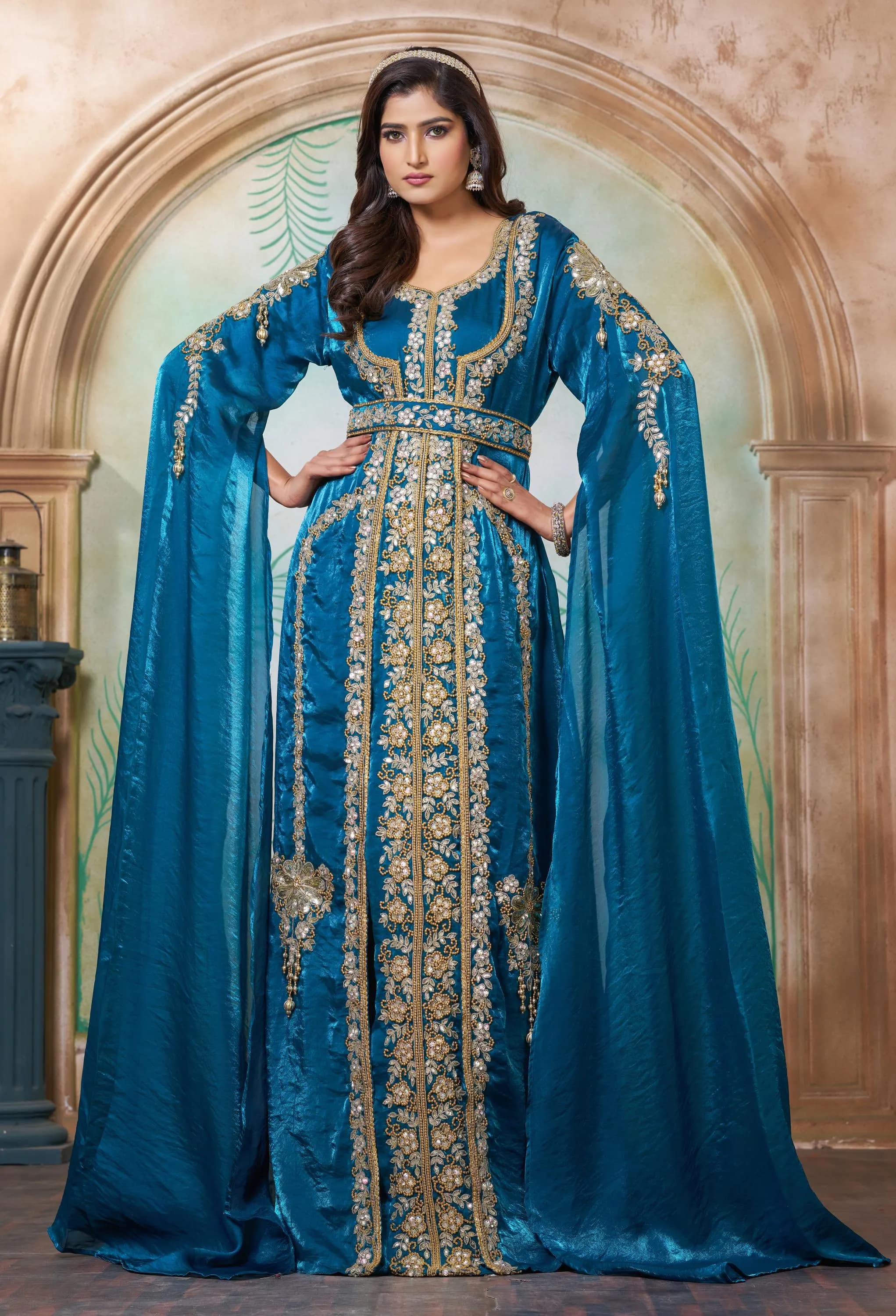 Bottle Green Crush Satin Moroccan Kaftan Gown, Heavy Hand Beaded  Wedding Party Kaftan Dress