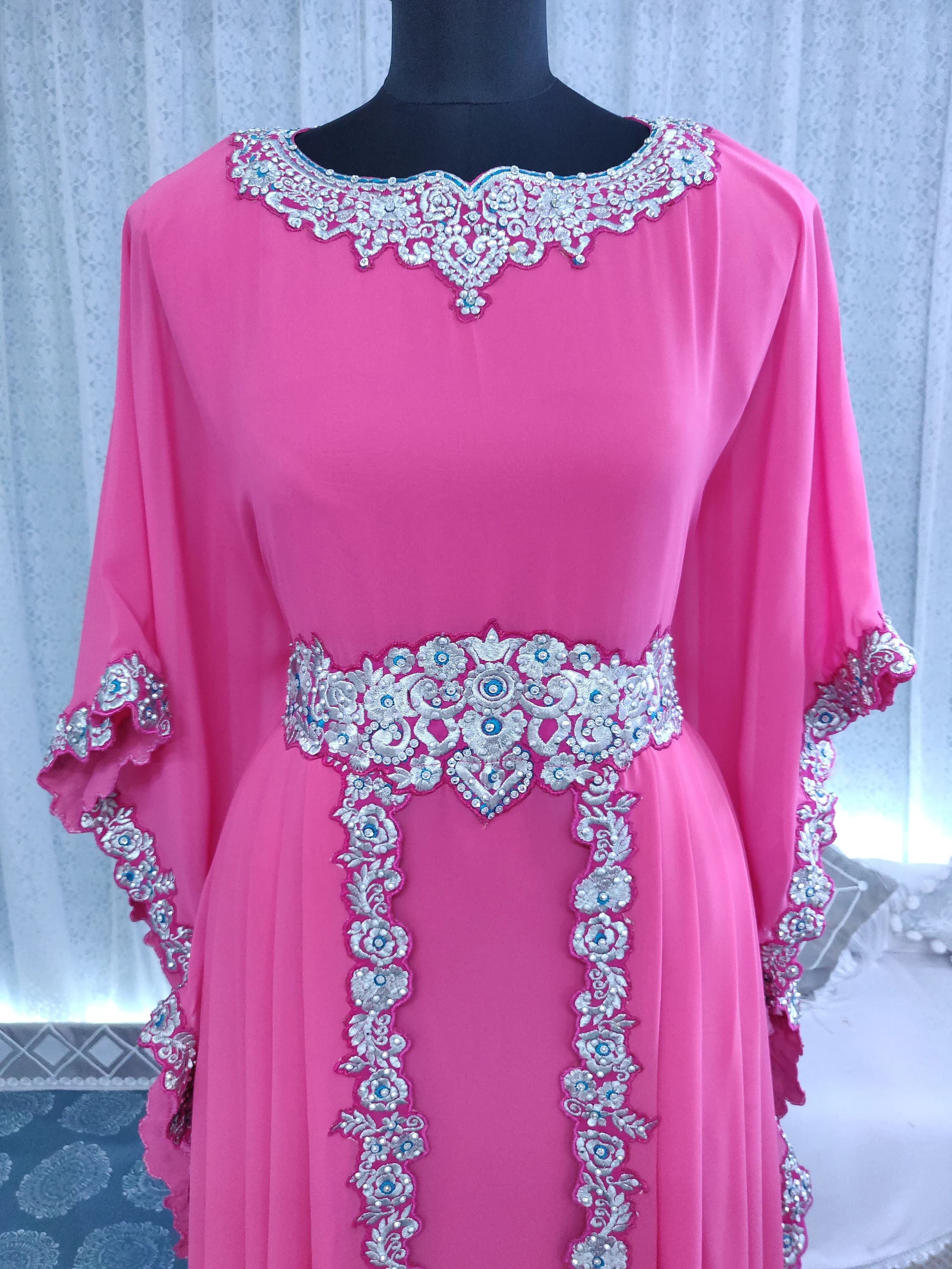 Light Pink Designer Embroidery kaftan, Dubai Maxi Abaya Gown, Islamic Takchita long Gown Dress - image 4