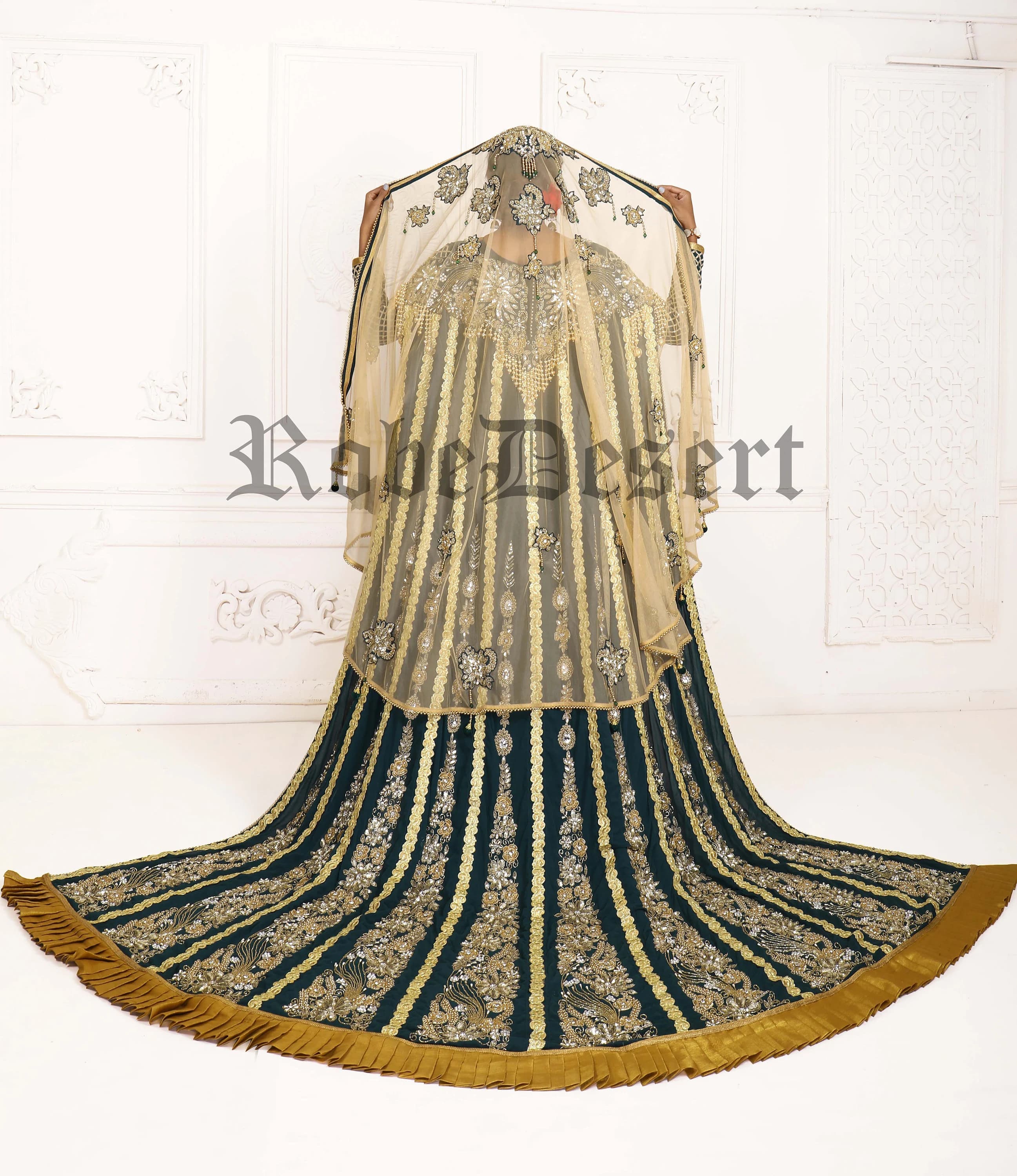 Hand Beaded Moroccan Kaftan: Bottle Green Wedding Takchita - image 5