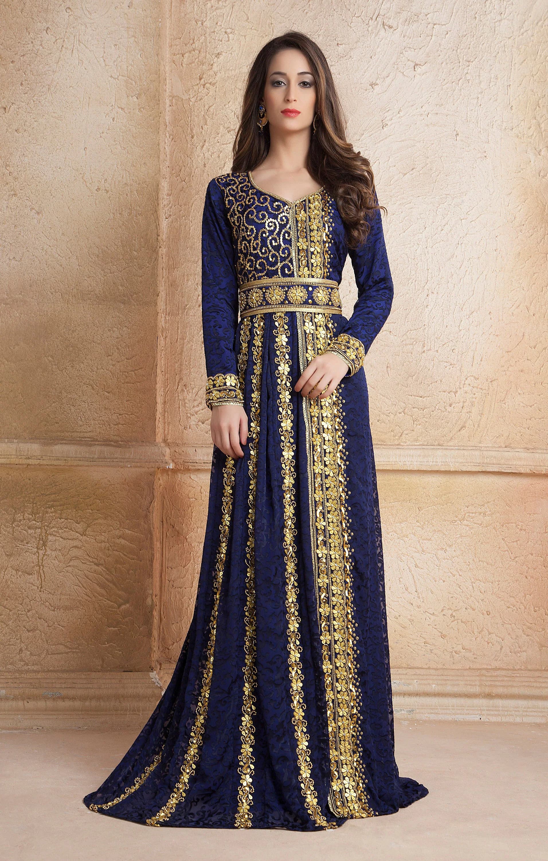 Dark Blue Color Designer Takchita Moroccan Kaftan With Embroidery Hijab