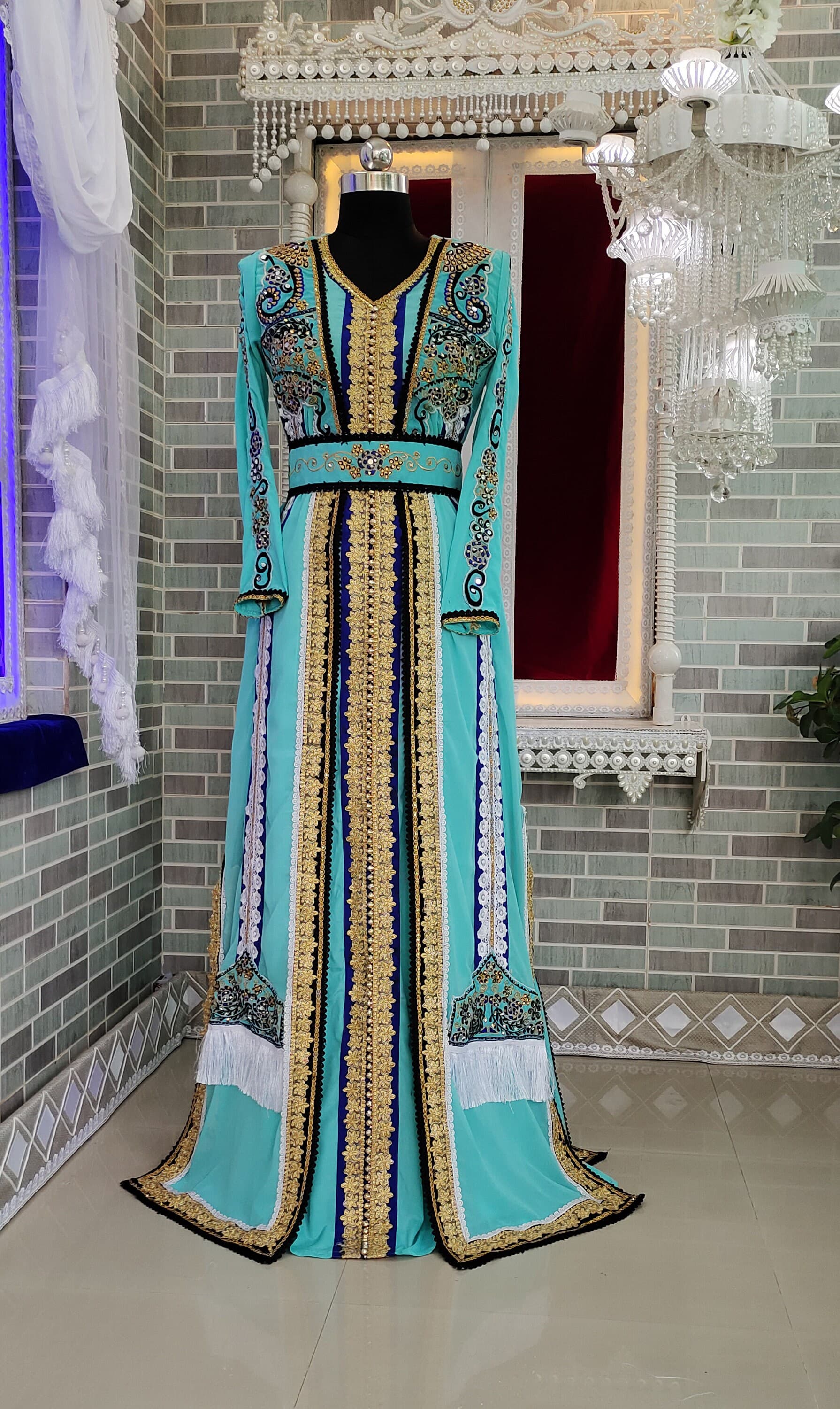 Embroidered Islamic Kaftan Dress: Mint Firozi Arabic Maxi Caftan With Free Plain Hijab - image 3