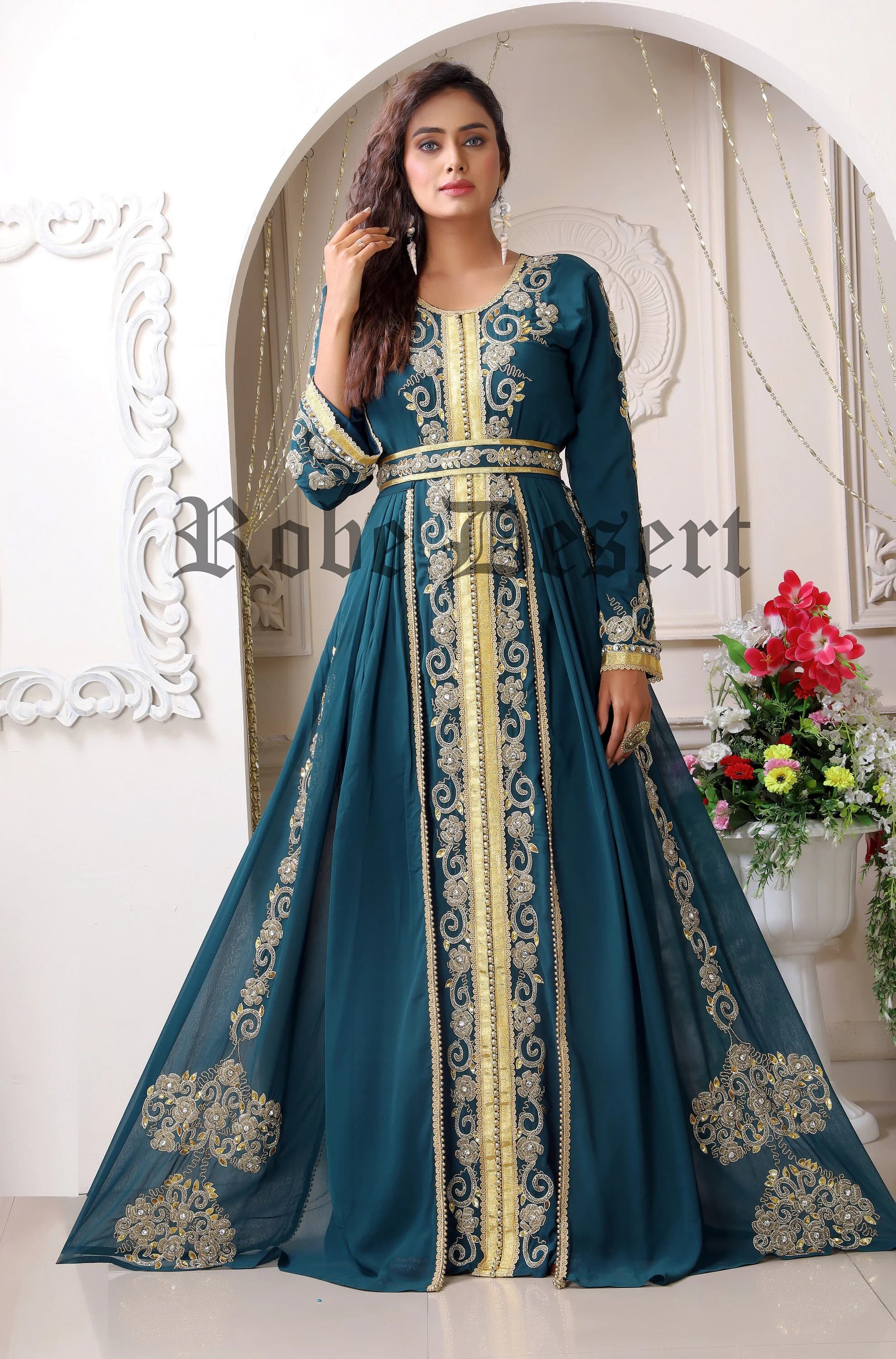 Bottle Green Hand Beaded Kaftan: Arabic Maxi Dress with Embroidery Hijab