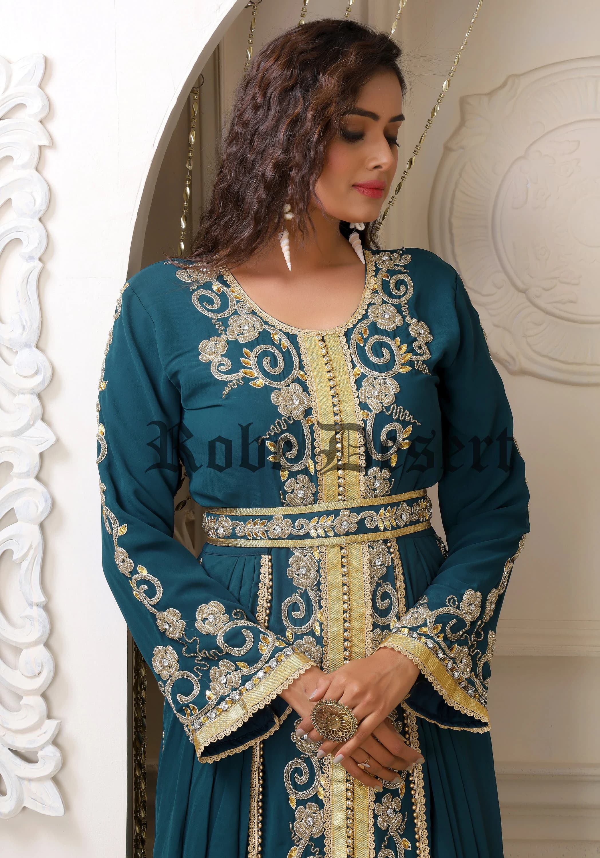 Bottle Green Hand Beaded Kaftan: Arabic Maxi Dress with Embroidery Hijab - image 5