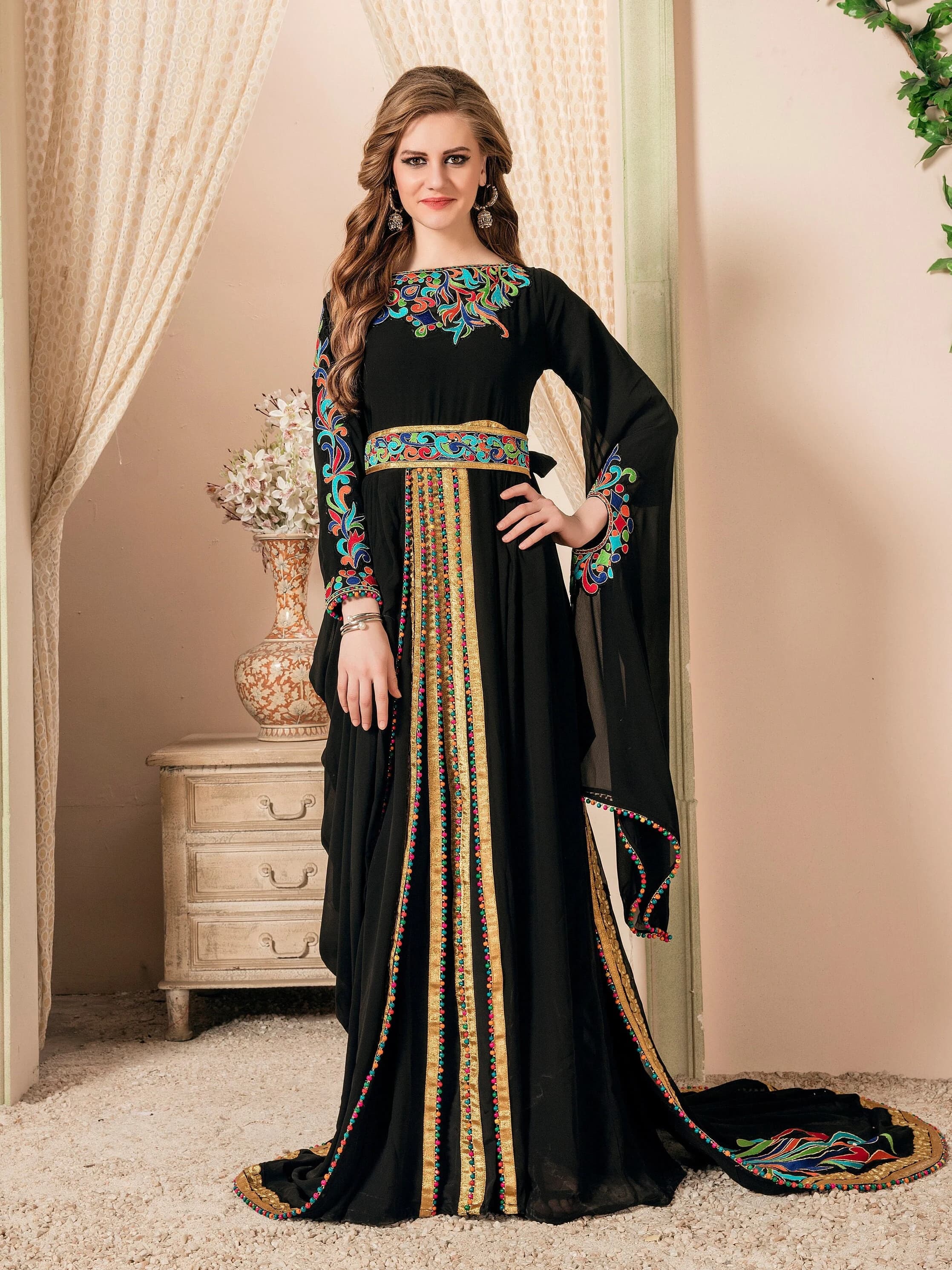 Black Moroccan Kaftan: Embroidered Dubai Takchita Wedding Dress