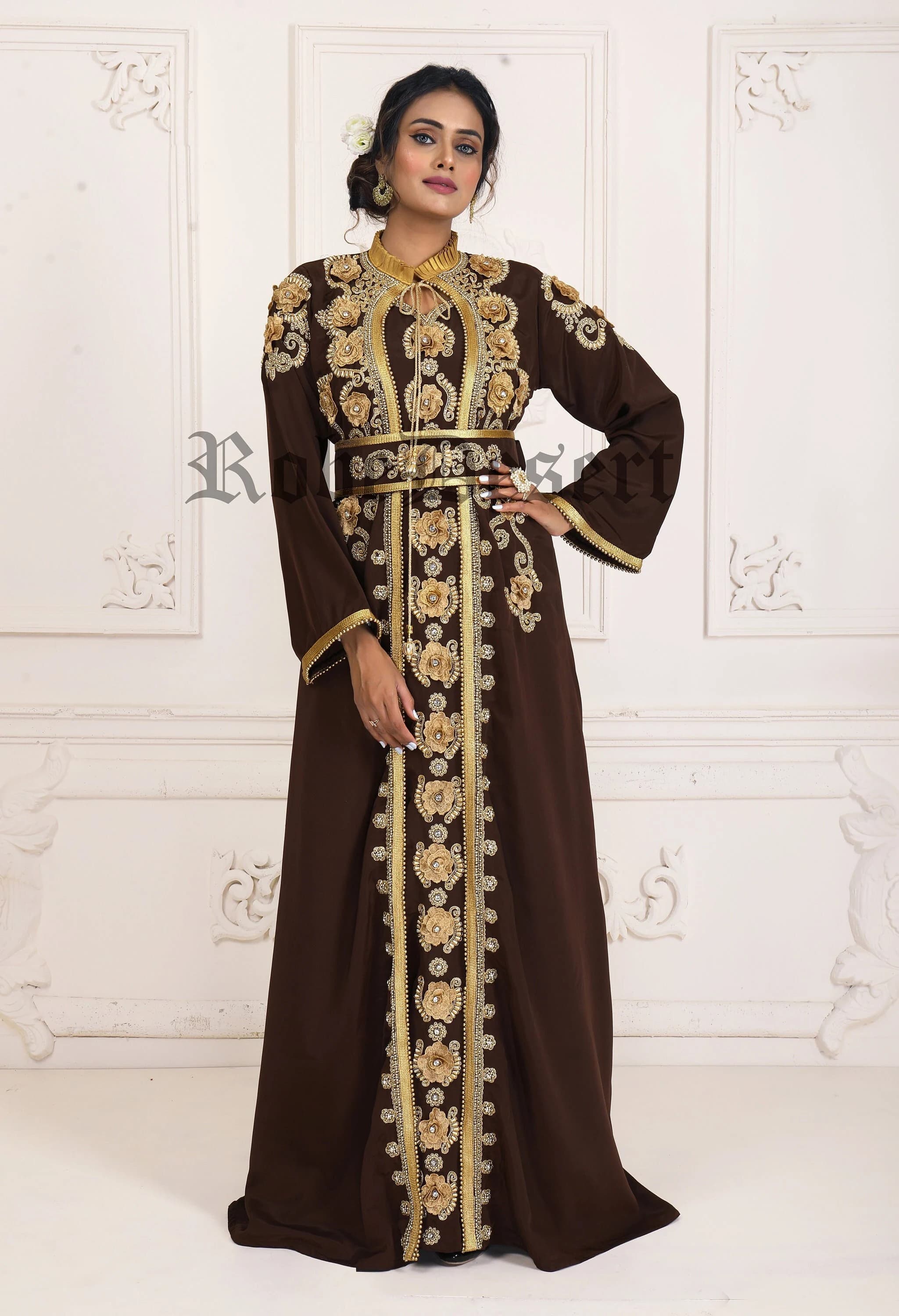 Brown & Gold Moroccan Takchita Kaftan: Islamic Wedding Gown