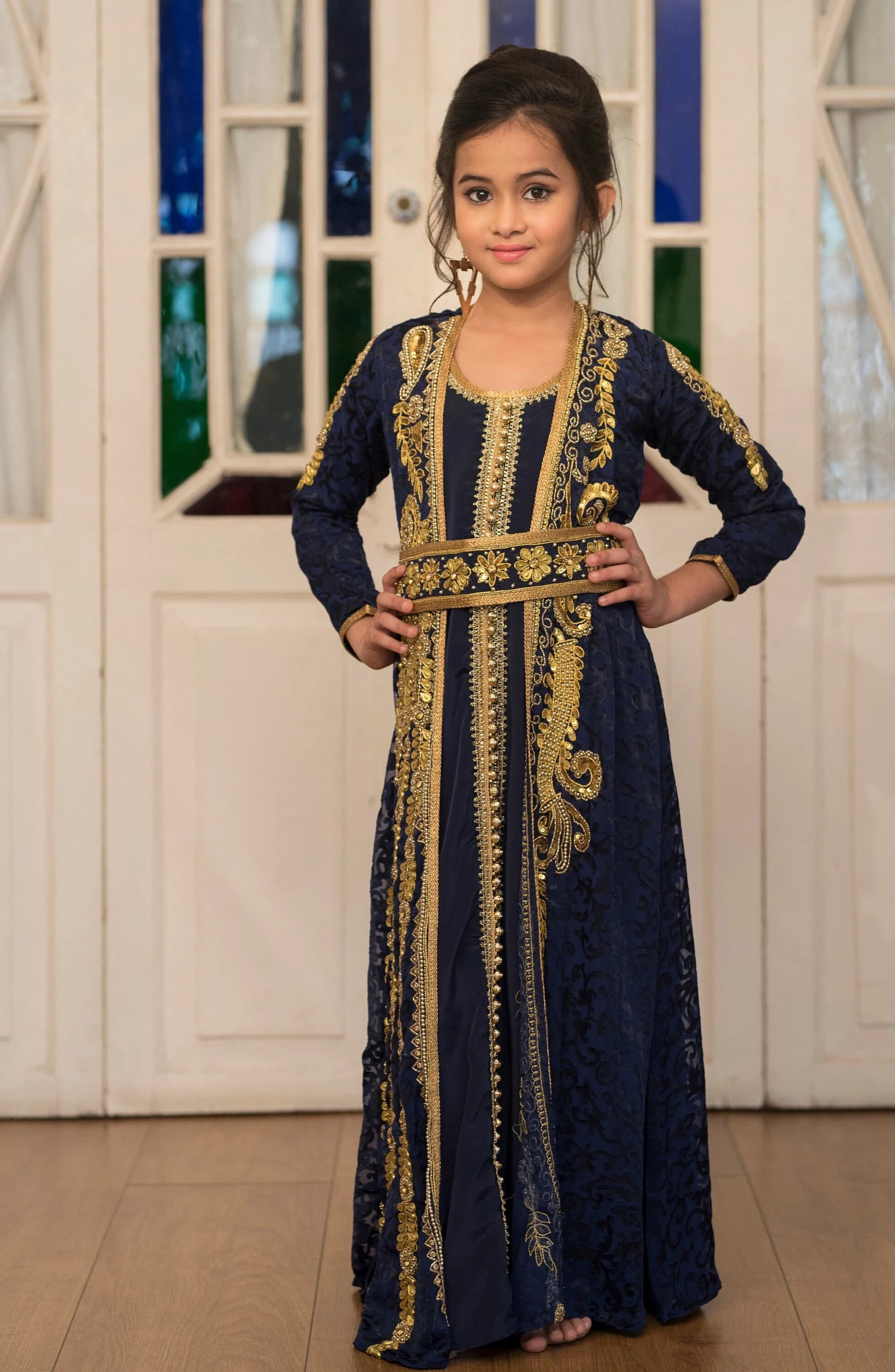 Dark Blue Moroccan Kaftan for Girls: Embroidered Takchita Dress with Hijab