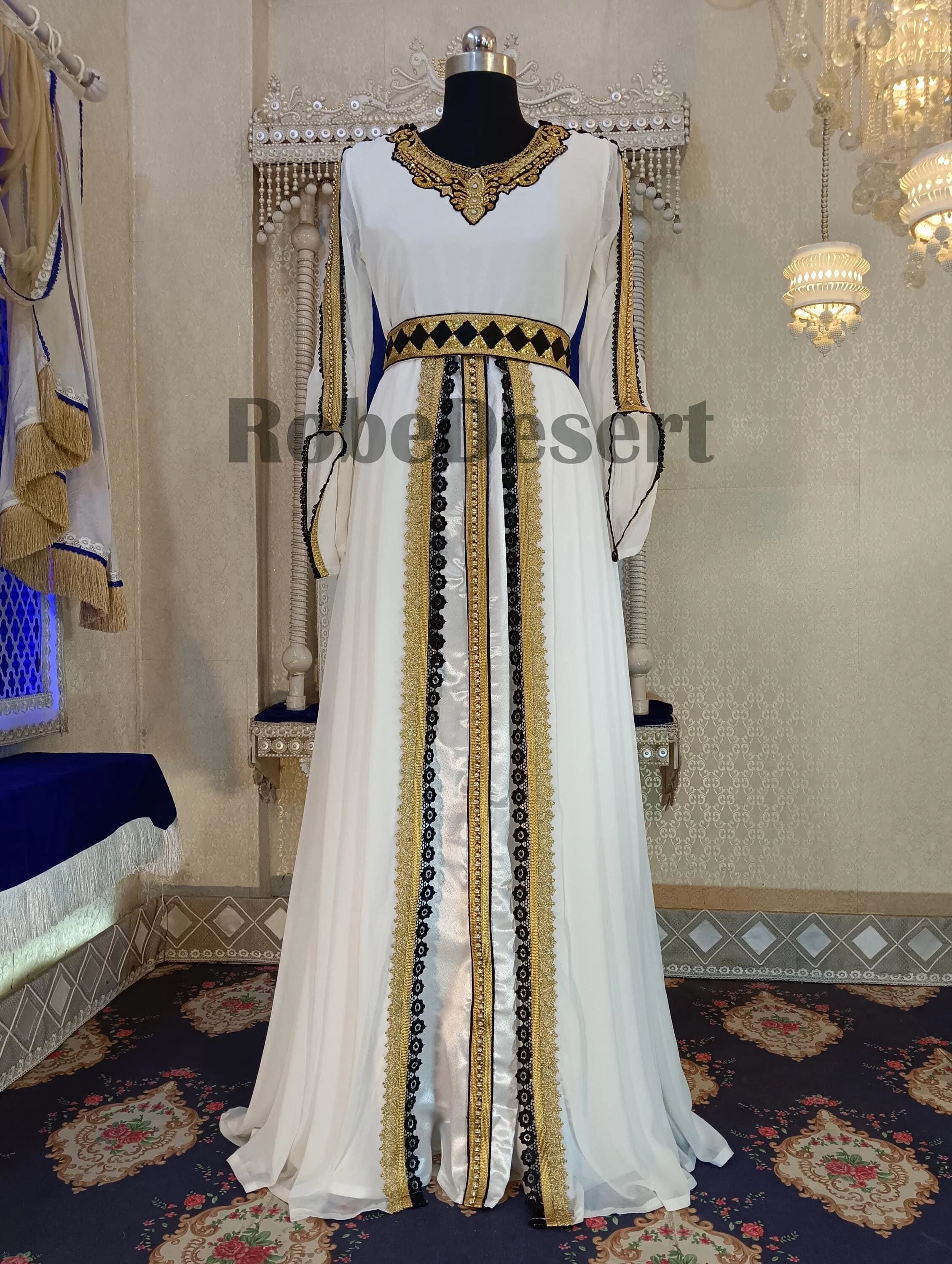 Embroidered Moroccan Kaftan: White Designer Maxi Takchita with Hijab