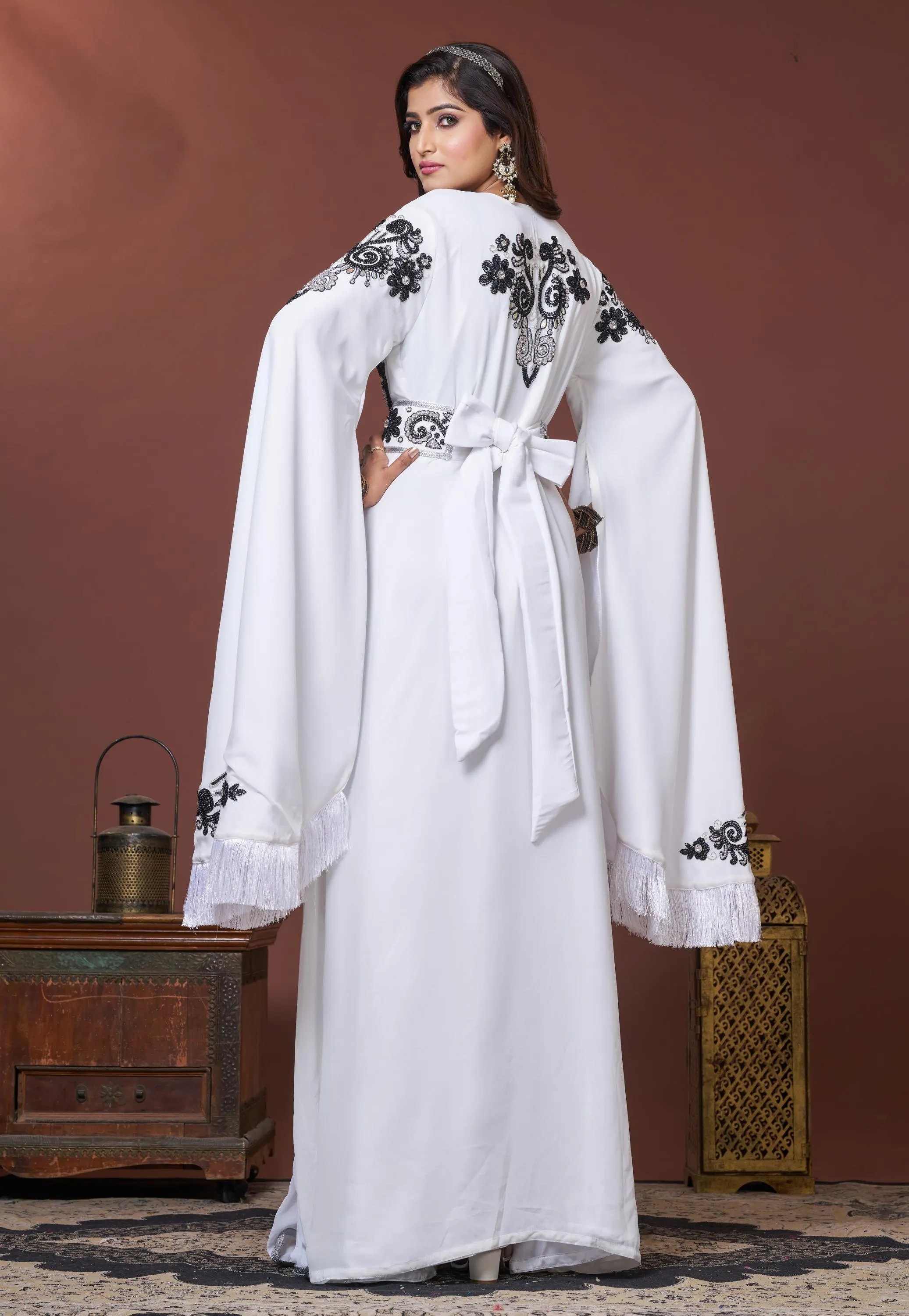 White and Black Islamic Designer Moroccan Takchita Kaftan, Arabic Maxi Kaftan For Women - image 5