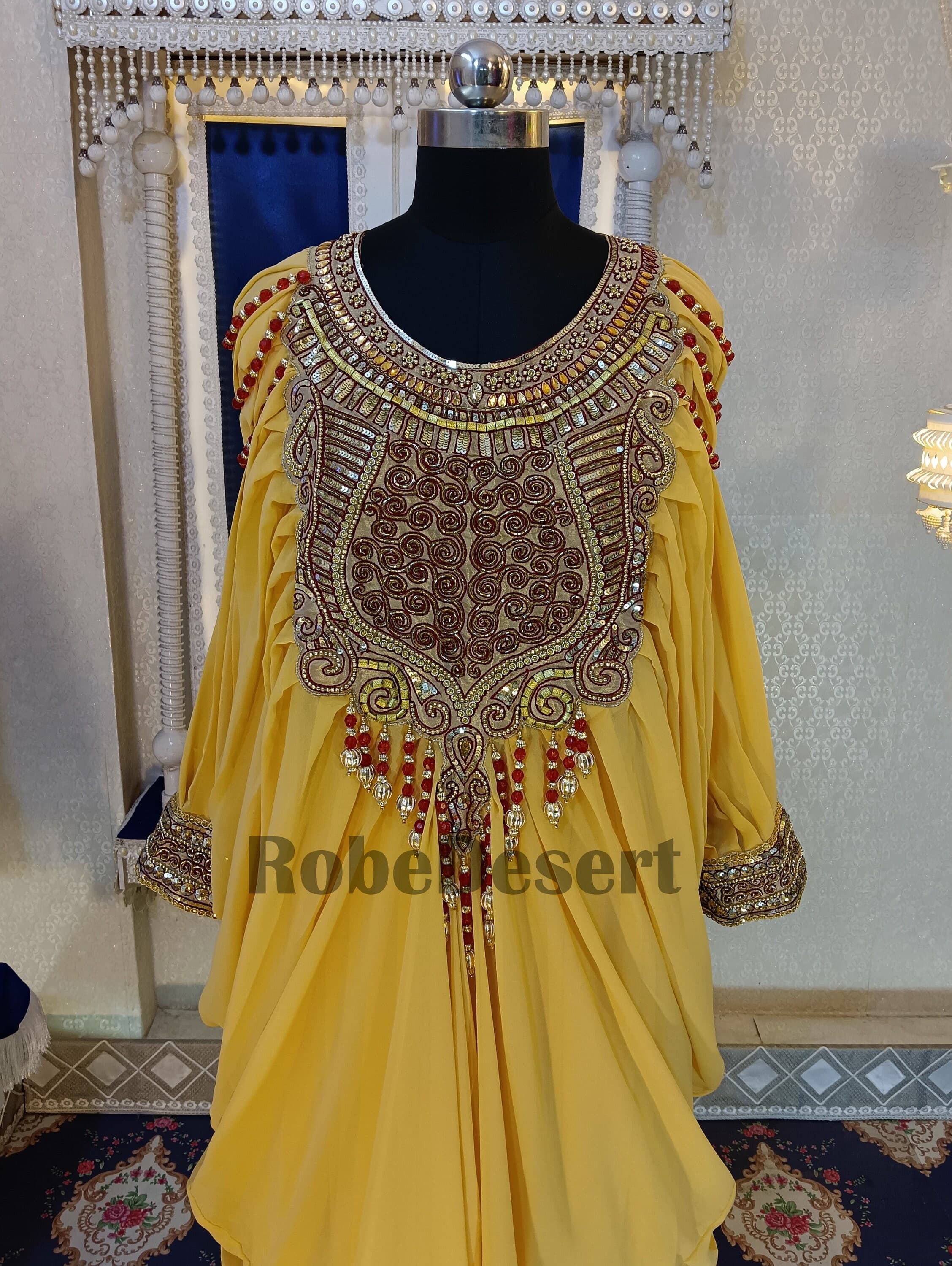 Golden Yellow Moroccan Caftan: Dubai Farasha Maxi Gown - image 3