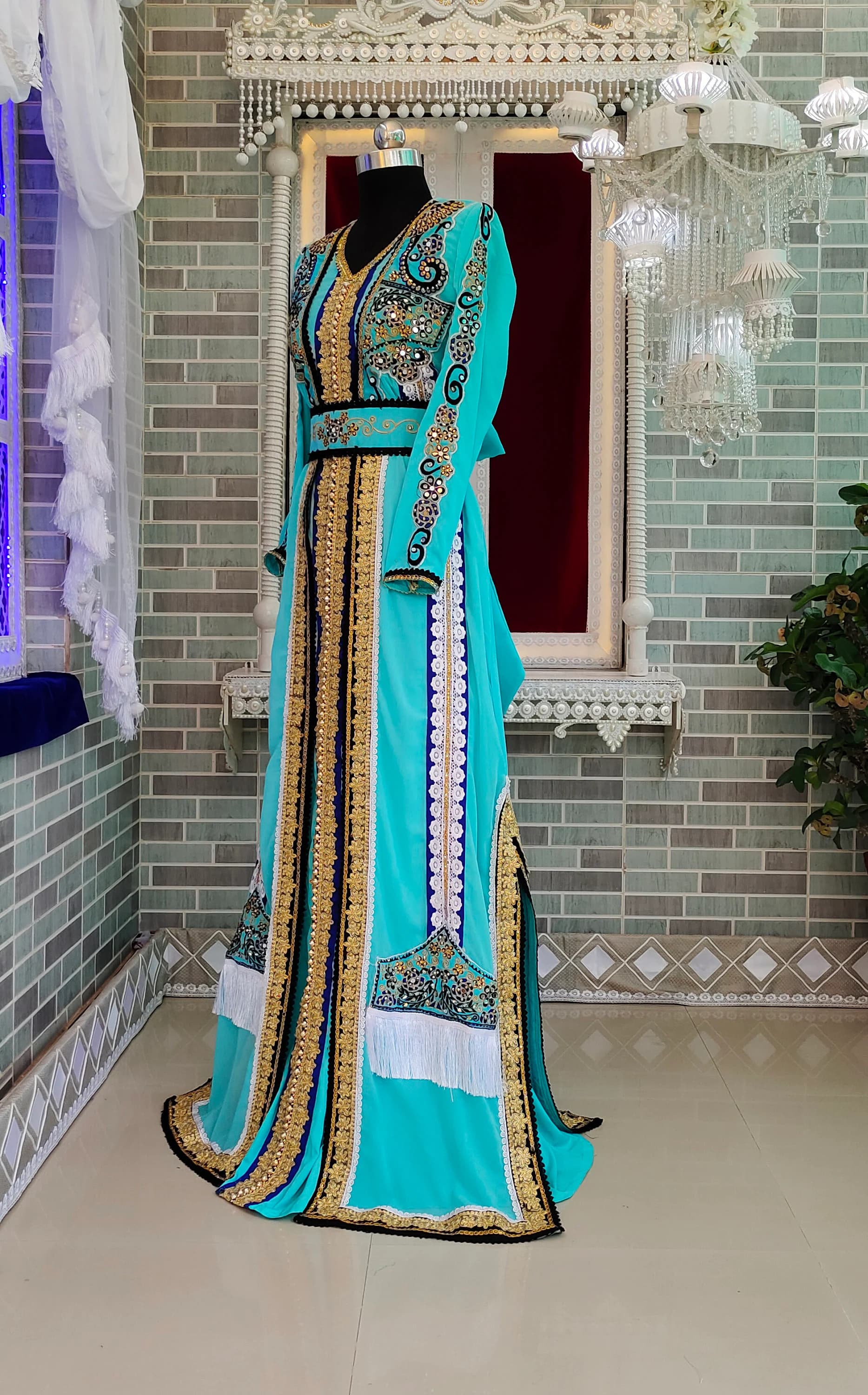 Embroidered Islamic Kaftan Dress: Mint Firozi Arabic Maxi Caftan With Free Plain Hijab - image 5