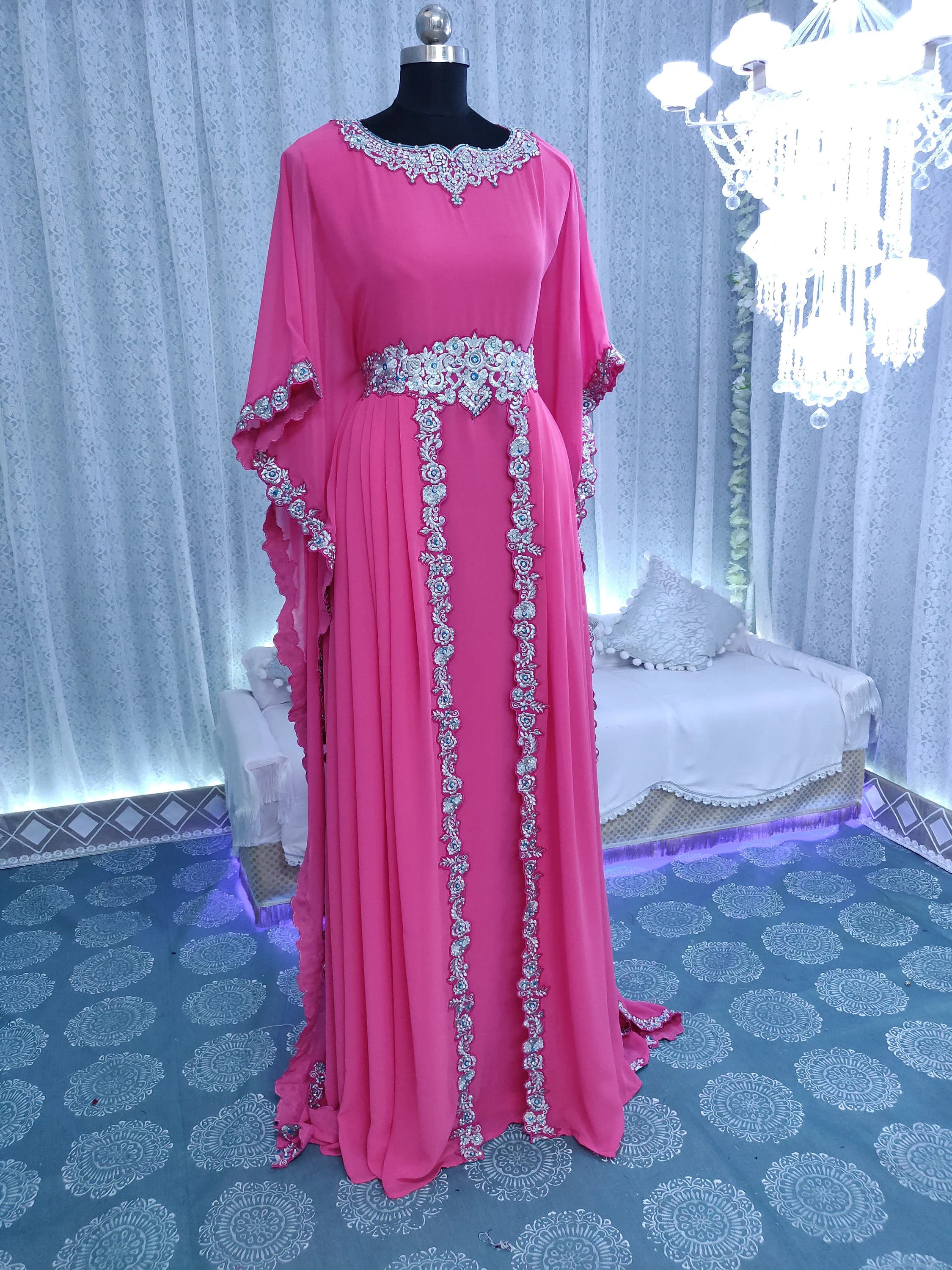Light Pink Designer Embroidery kaftan, Dubai Maxi Abaya Gown, Islamic Takchita long Gown Dress - image 3