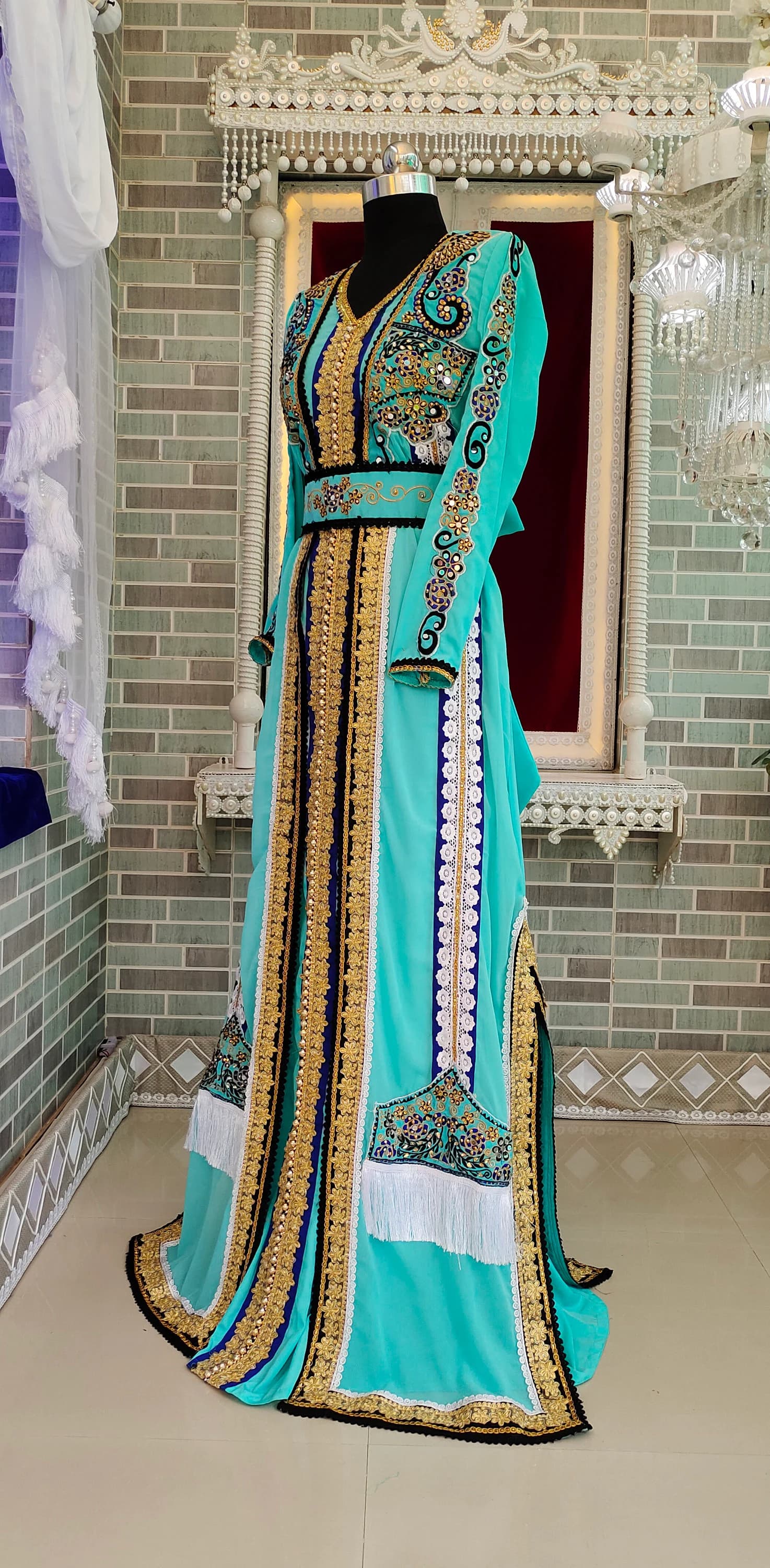 Embroidered Islamic Kaftan Dress: Mint Firozi Arabic Maxi Caftan With Free Plain Hijab - image 4