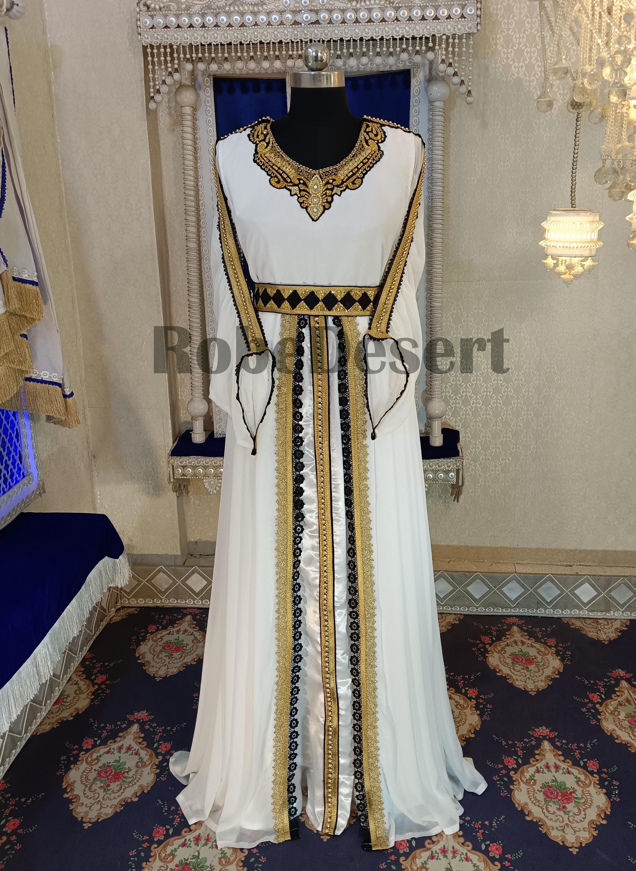Embroidered Moroccan Kaftan: White Designer Maxi Takchita with Hijab - image 4
