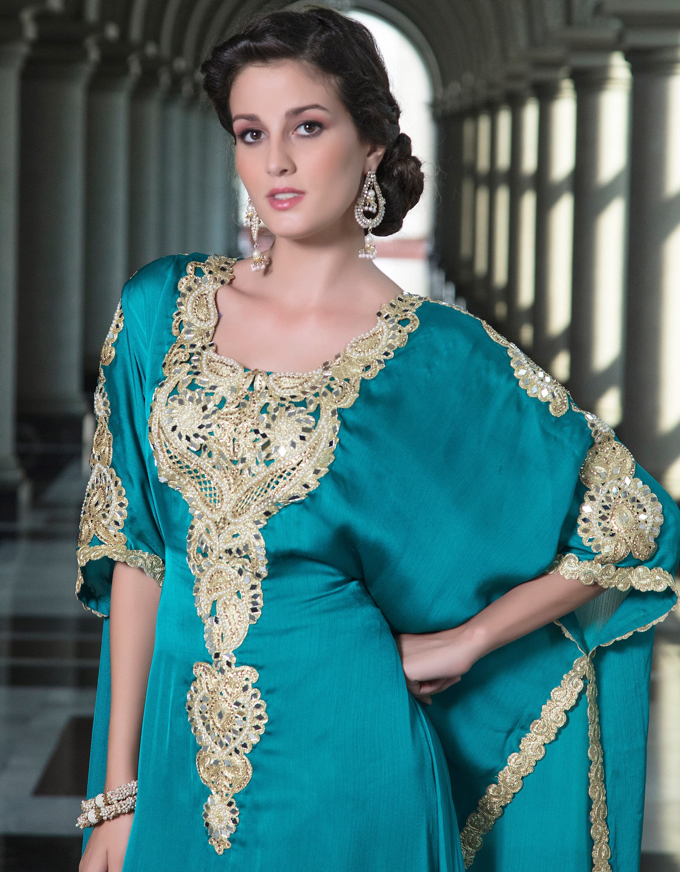 Embroidered Takchita Kaftan Gown: Dark Sea Green Arabic Maxi Dress with Hijab - image 3