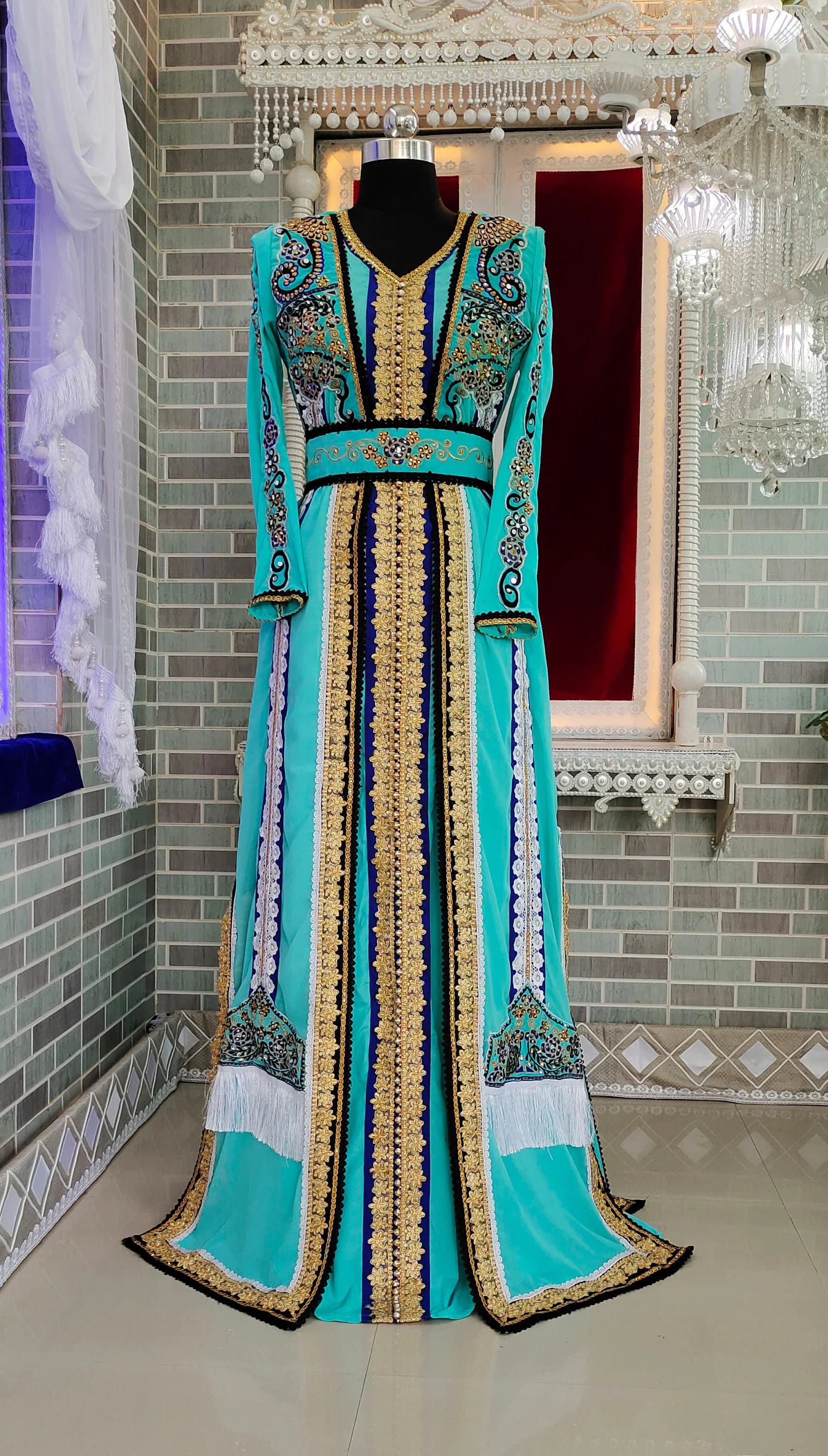 Embroidered Islamic Kaftan Dress: Mint Firozi Arabic Maxi Caftan With Free Plain Hijab