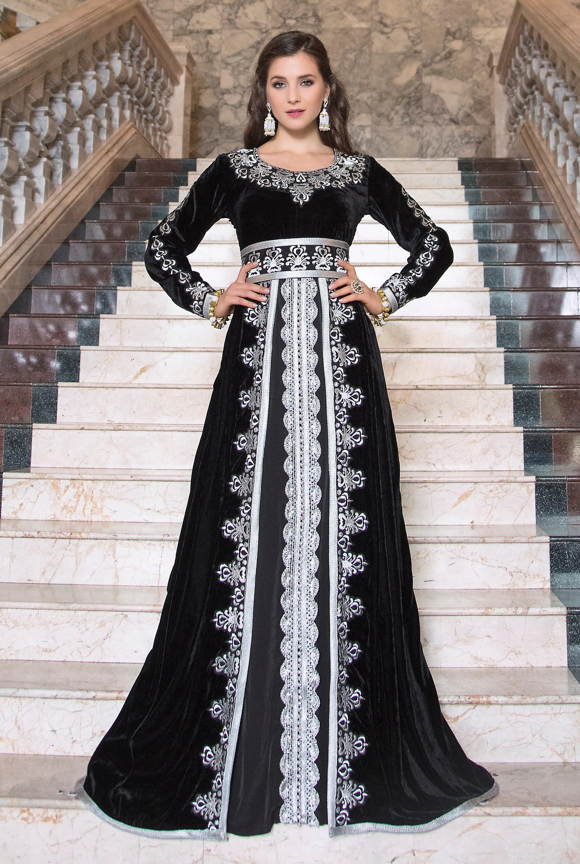 Black Velvet Moroccan Kaftan: Embroidered Arabic Wedding Gown