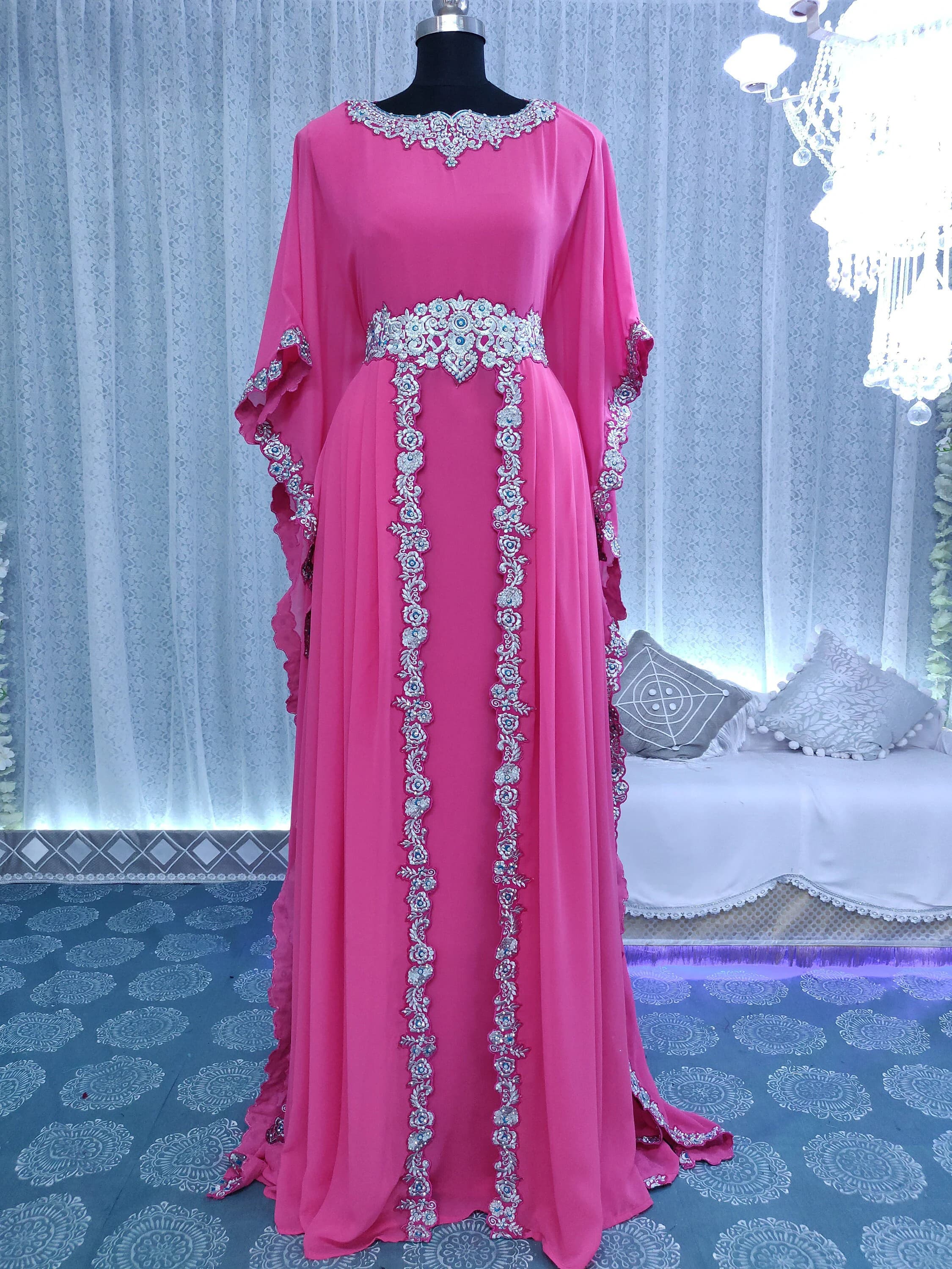 Light Pink Designer Embroidery kaftan, Dubai Maxi Abaya Gown, Islamic Takchita long Gown Dress