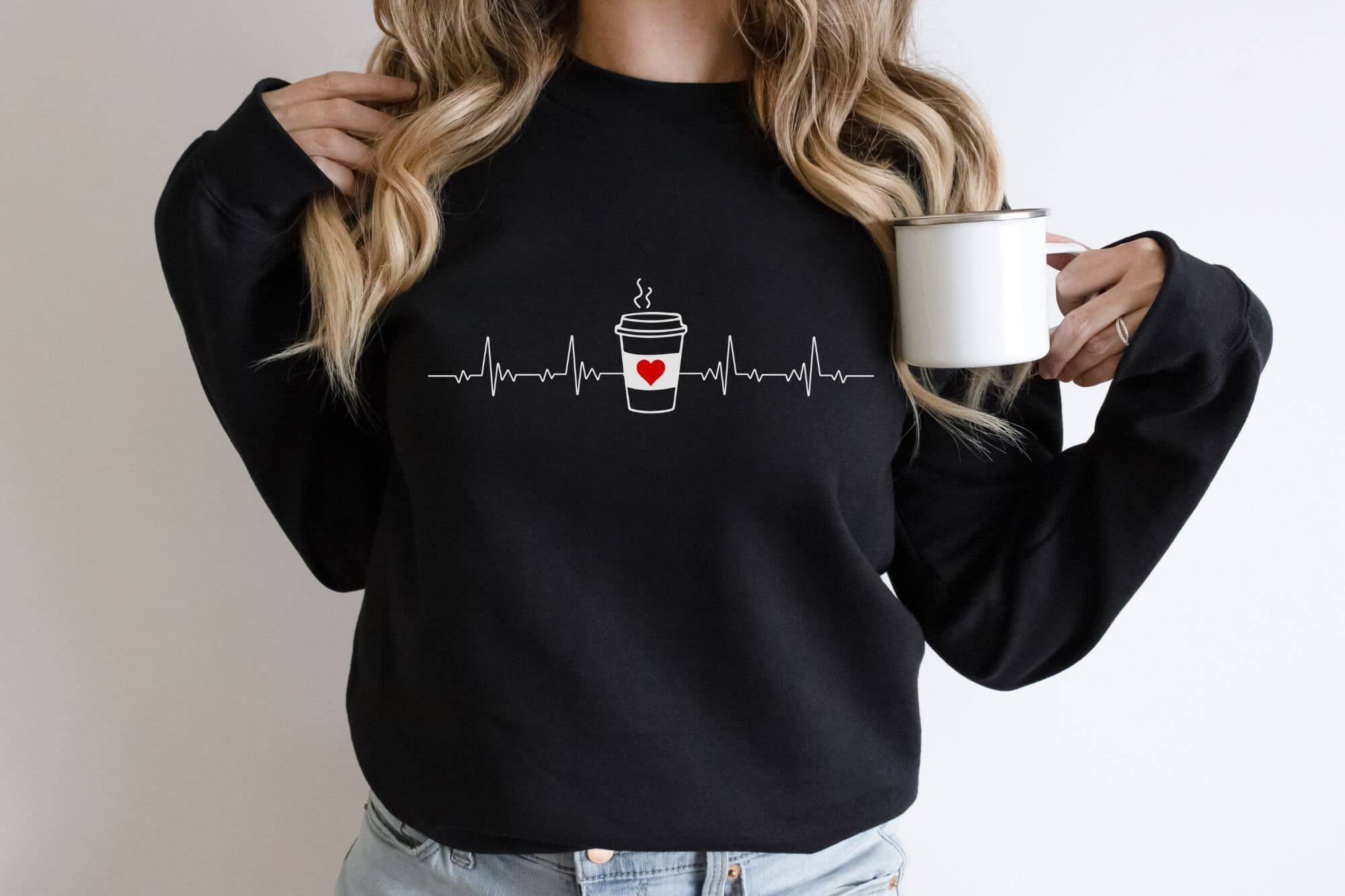 Coffee Heartbeat Graphic Sweatshirt, Trendy Caffeine Lover Crewneck - image 4