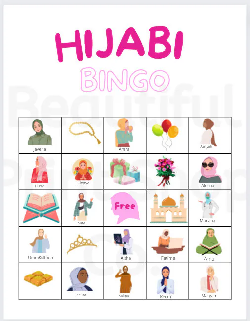 Hijabi Bingo Game: Muslim Girl Party Activity (PDF Download)