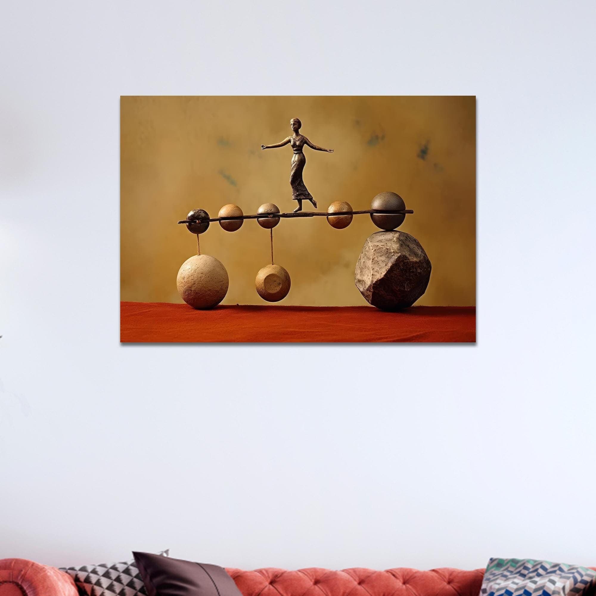 Abstract Woman Balancing Act Glass Wall Art: Bohemian Decor