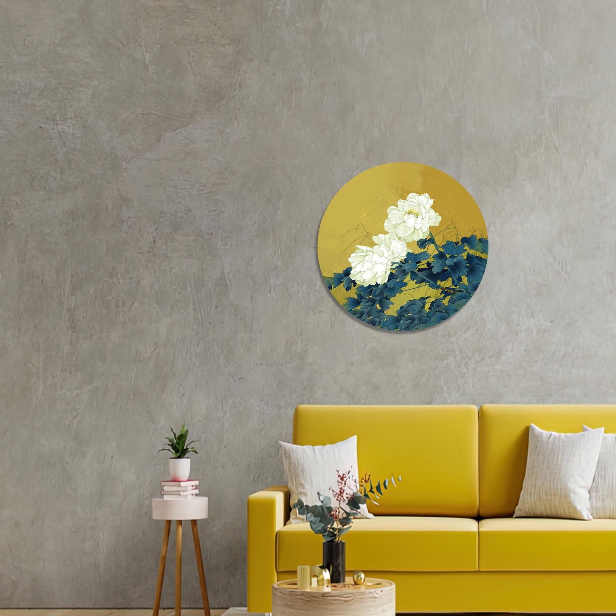 Japanese Floral Canvas Art: Round Tempered Glass Wall Hanging