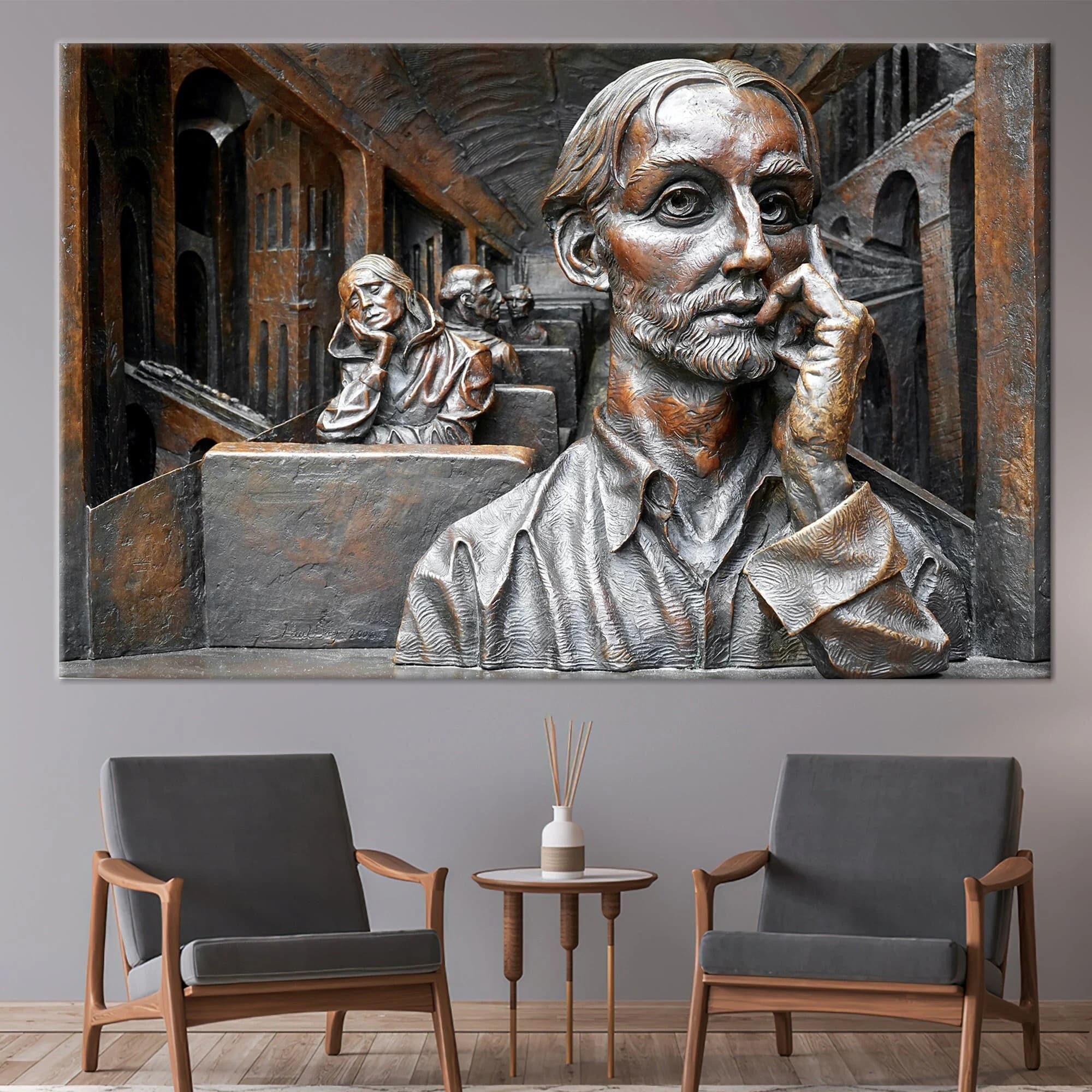 Thinking Man Sculpture Canvas Print: Modern Bronze Wall Art