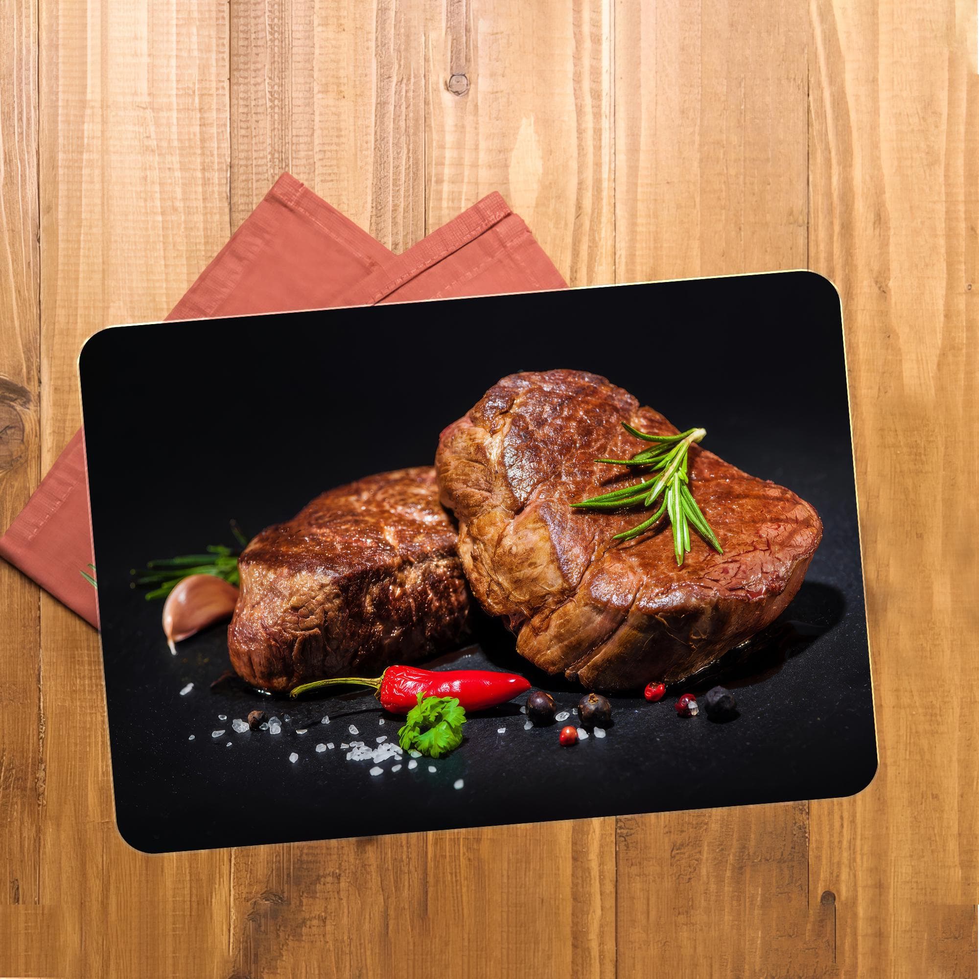 Steak with Spices Tempered Glass Serving Board: Modern Kitchen Decor