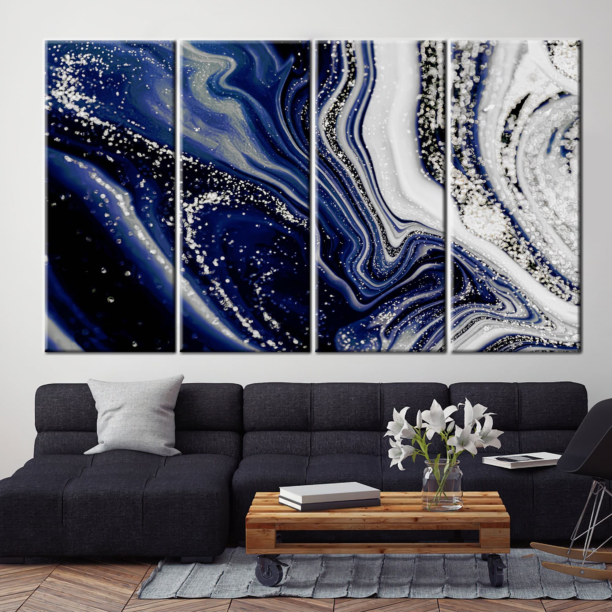 Blue Silver Marble Canvas Art: Abstract Wall Decor - image 5