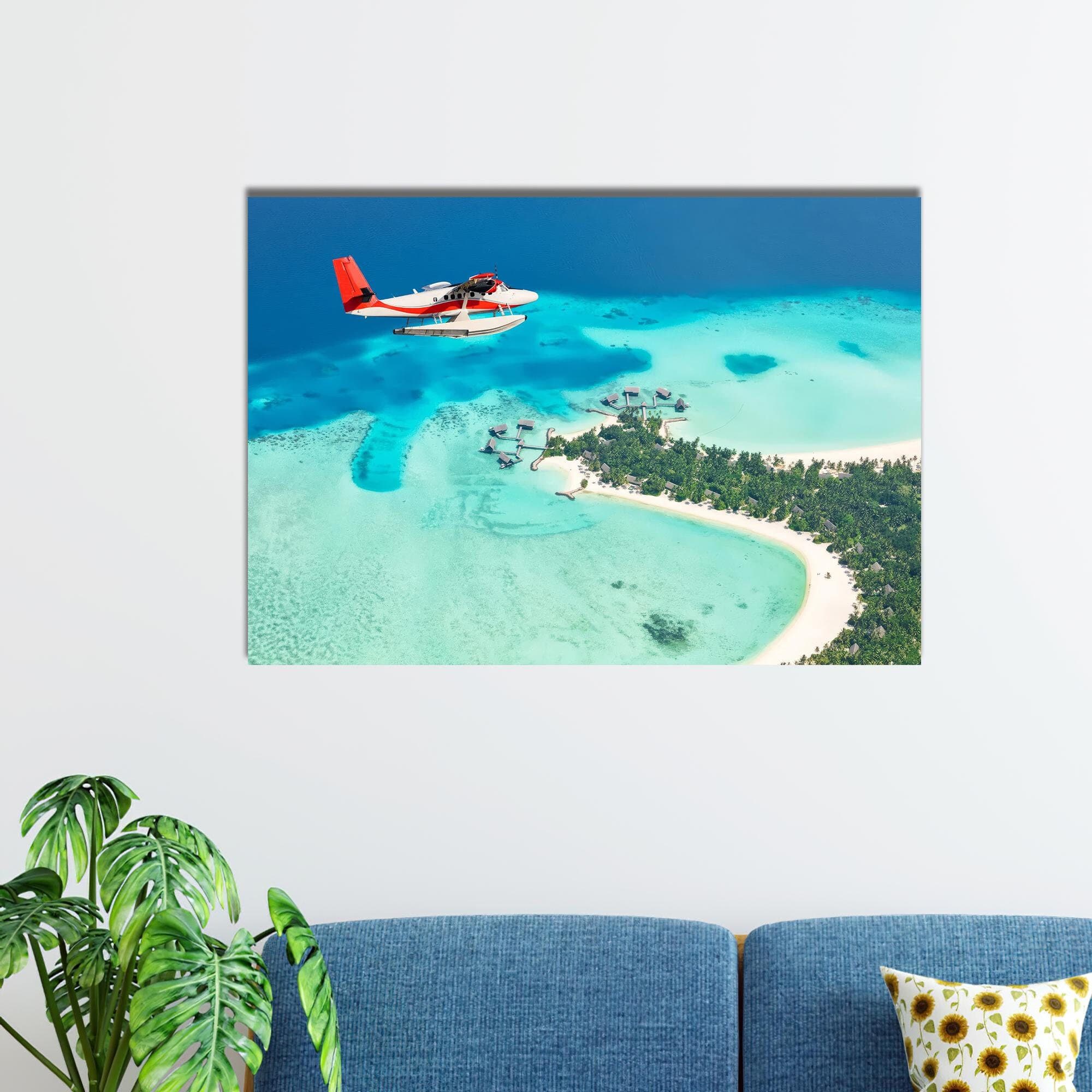 Seaplane Tropical Island Canvas Wall Art: Tempered Glass View