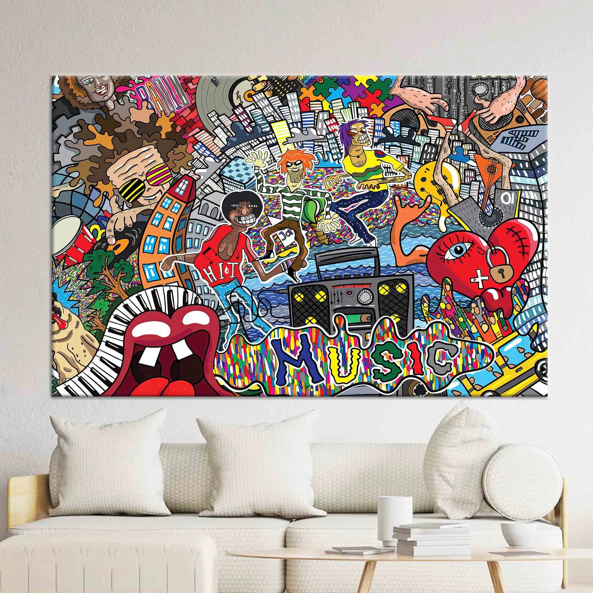 Music Graffiti Canvas Art: Colorful Abstract Print, Large Wall Decor