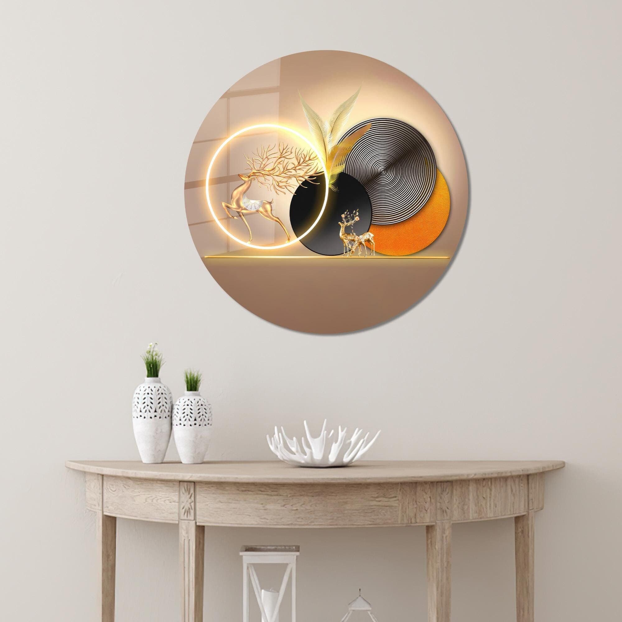 Golden Deer Tempered Glass Wall Art: Modern Home Decor