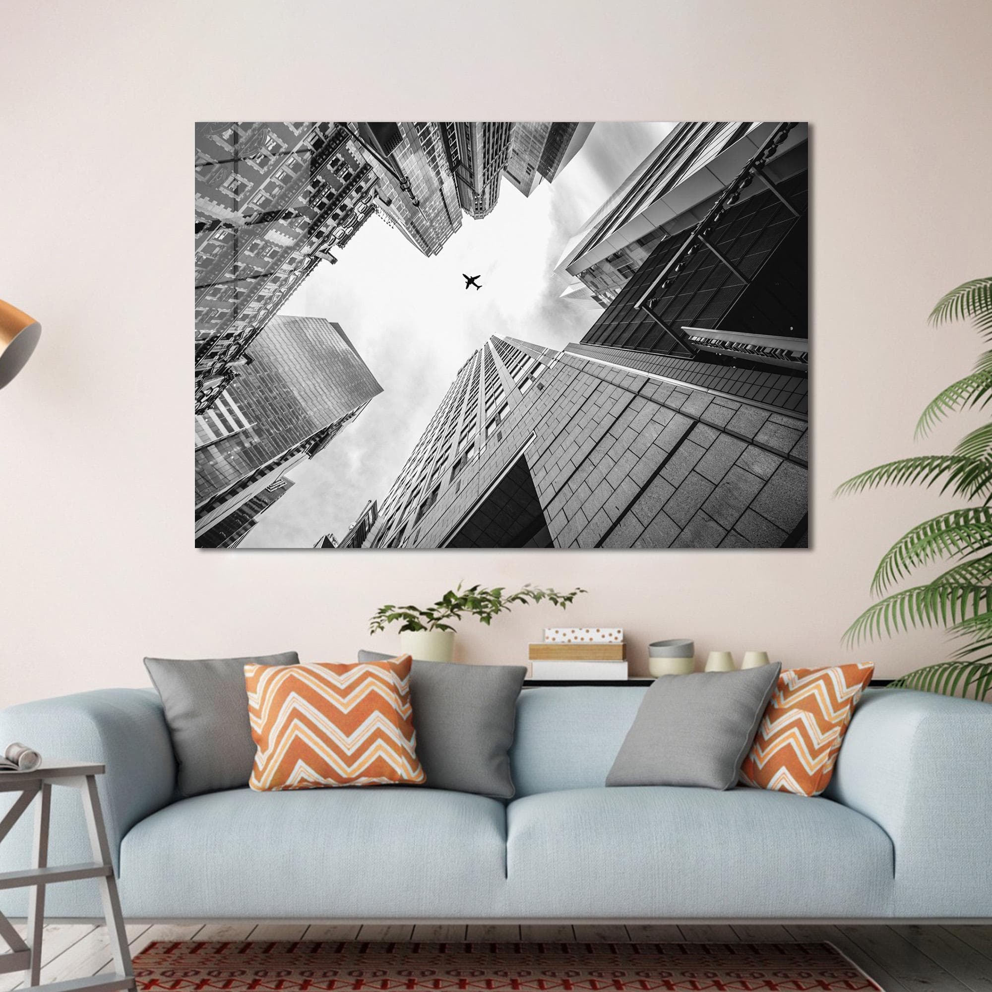 Cityscape Tempered Glass Wall Art: Airplane in Sky, Black and White Decor