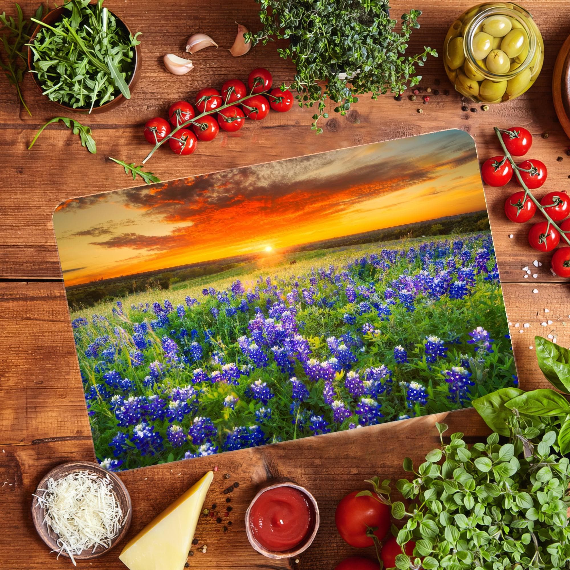 Bluebonnet Field View Cutting Board: Floral Landscape Chopping Board